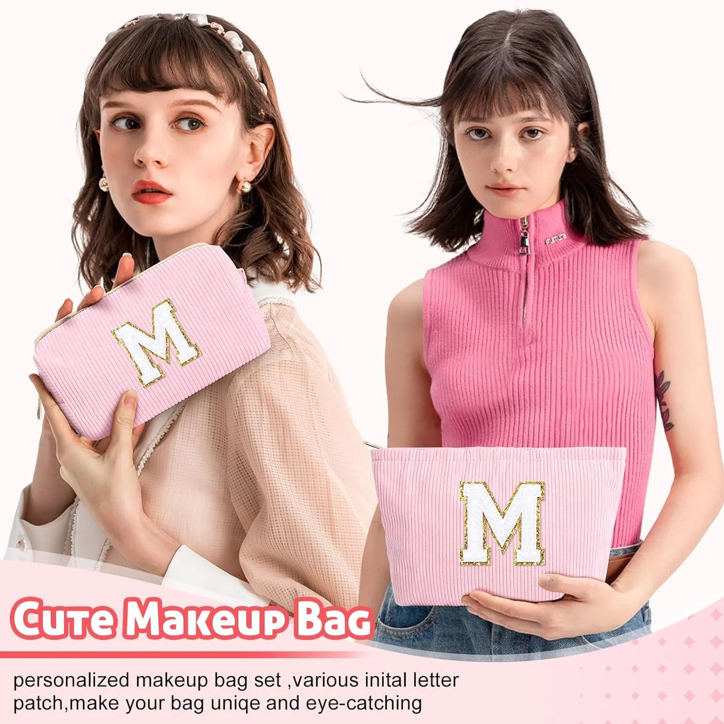 Borsa per Cosmetici Donna Iniziale Pochette Trucchi Viaggio Trousse Organizer Grande Rosa Beauty Case Regalo(M)