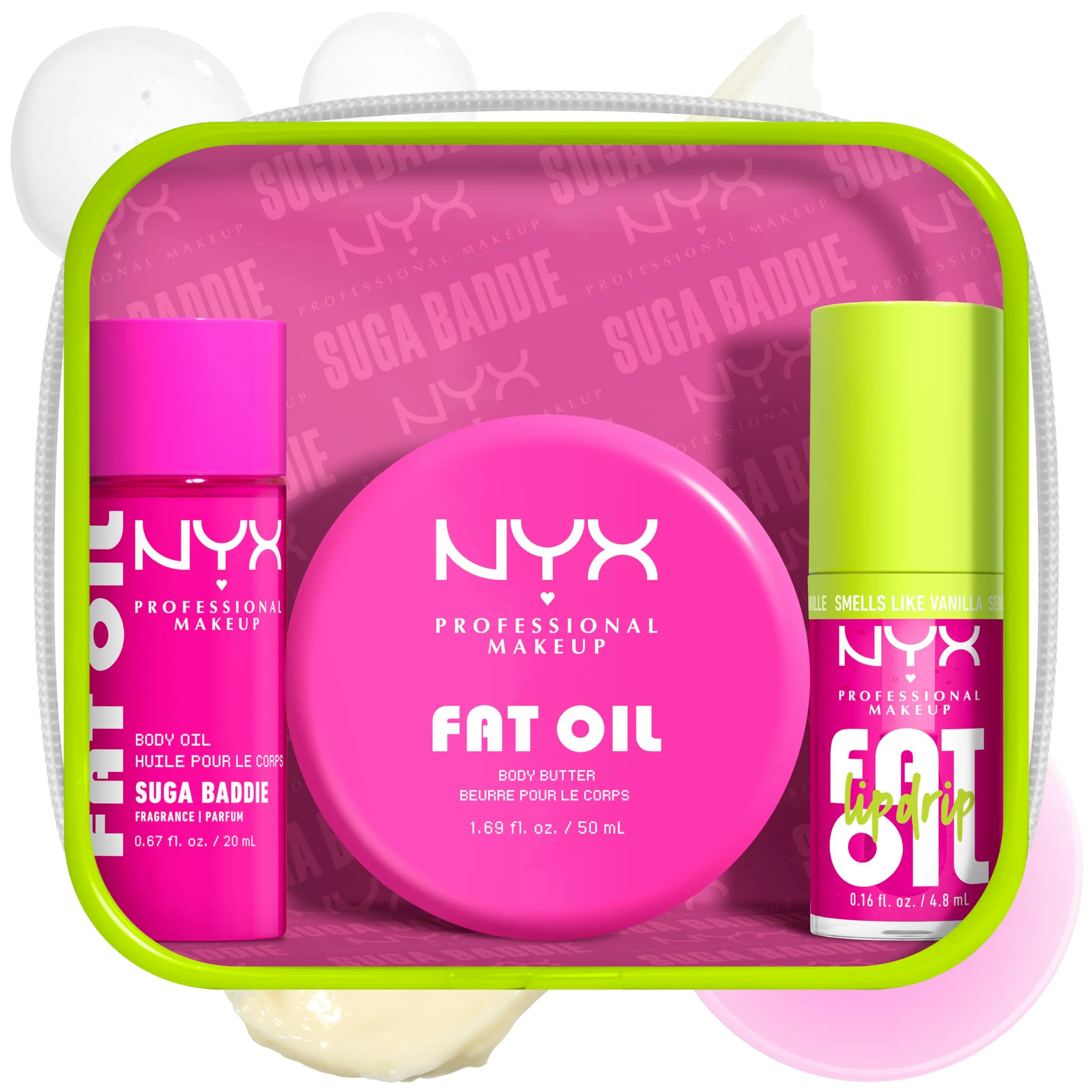 NYX Professional Makeup Fat Oil Lip & Body Kit, Travel-Friendly, Reusable-Pouch, Suga Baddie