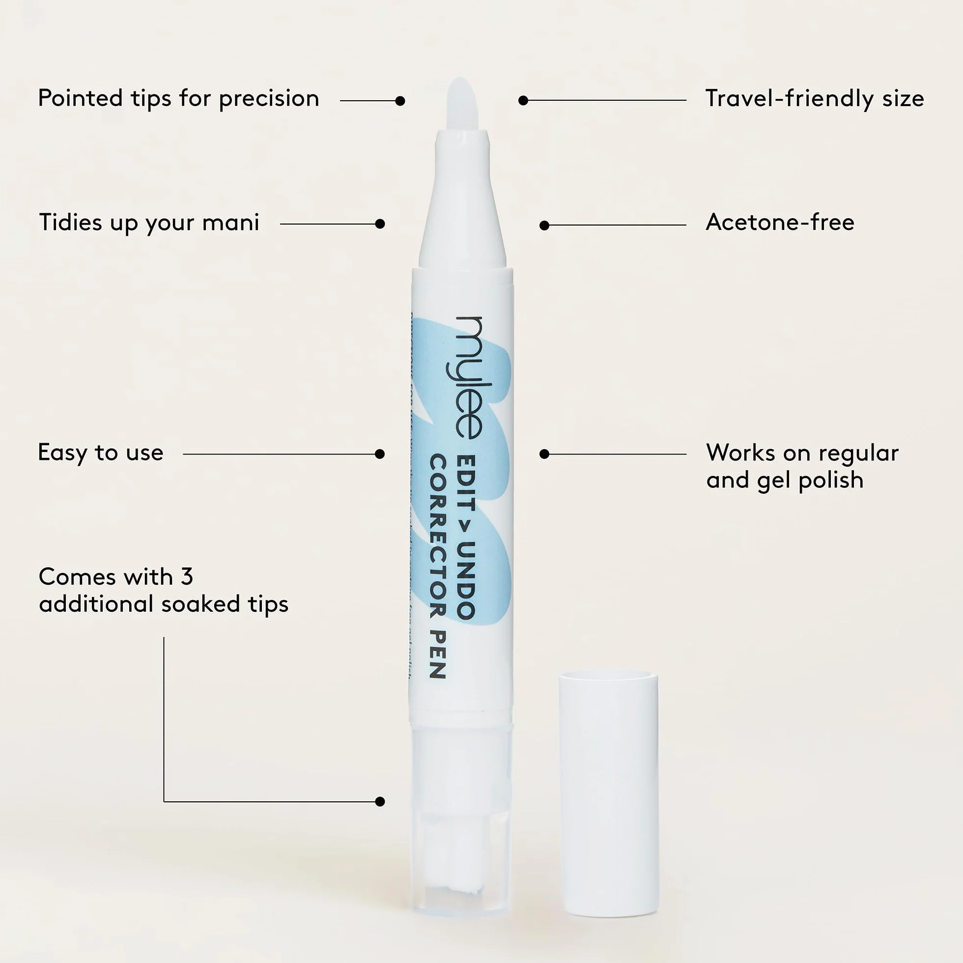 Mylee Edit Undo Penna Correggi Smalto Ricaricabile: Manicure Impeccabile e Facile - Solvente Gel Senza Acetone con Punte di Ricambio e Risultati Puliti
