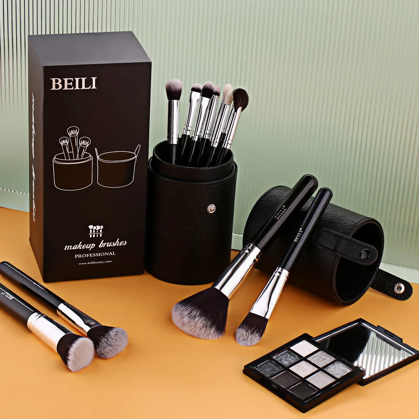 BEILI 12 pennelli da trucco con custodia per trucco, sintetico, Kabuki, fondotinta, blush, correttore, kit di pennelli per trucco completo con confezione regalo (nero)