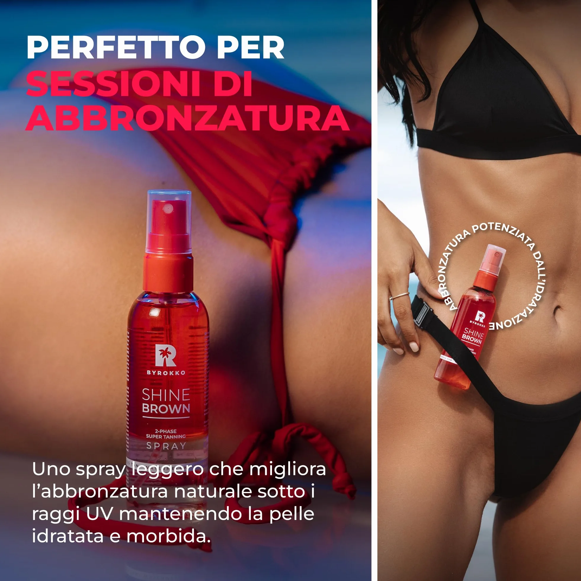 BYROKKO Shine Brown Spray Abbronzante Bifasico Anguria (100 ml), acceleratore con oli naturali e acido ialuronico, per sole e lettino, formula idratante a rapido assorbimento