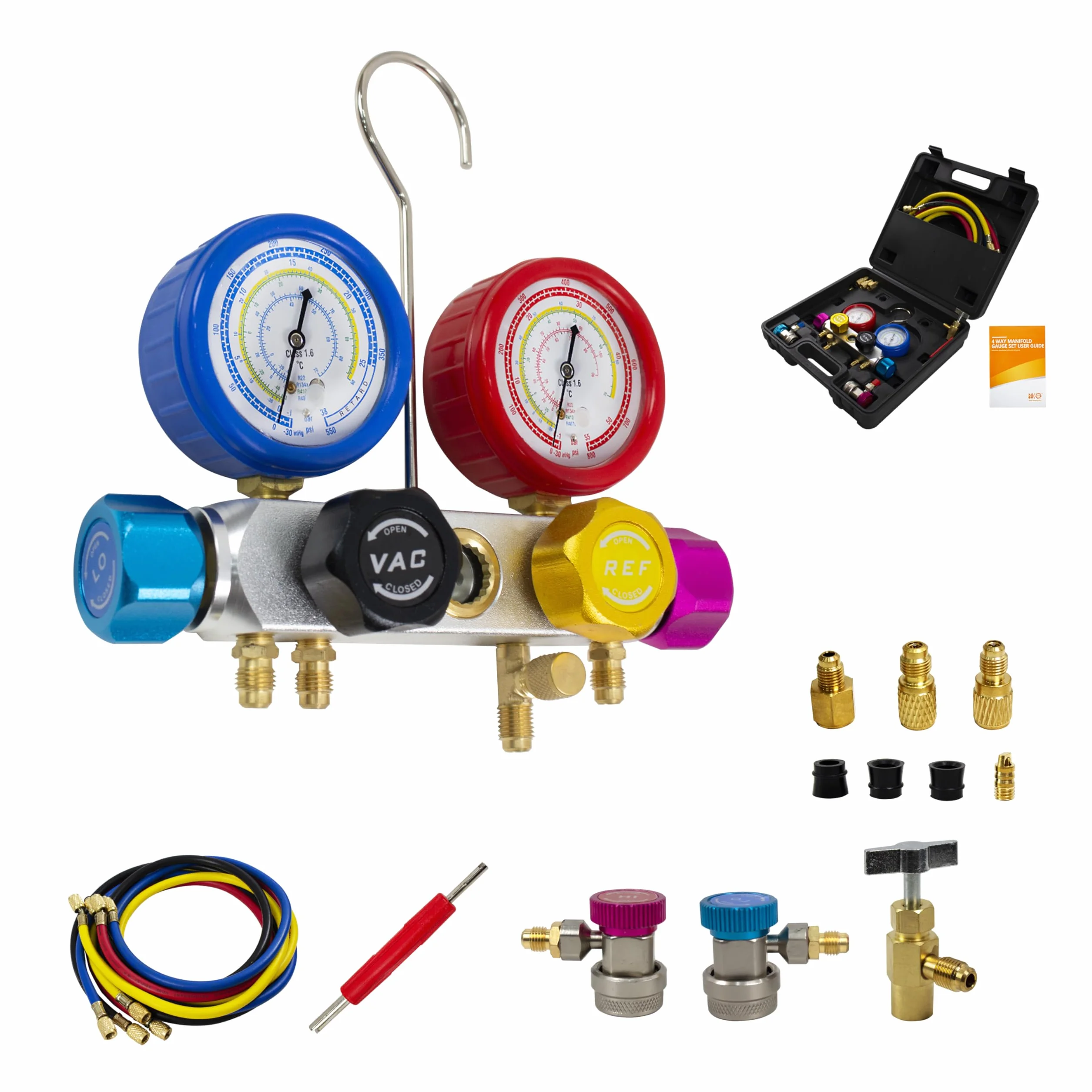 BACOENG Set Manometri Condizionatori 4 Vie, Kit Ricarica Aria Condizionata Auto 1.5m Tubi R134A R410A R32 Refrigerante