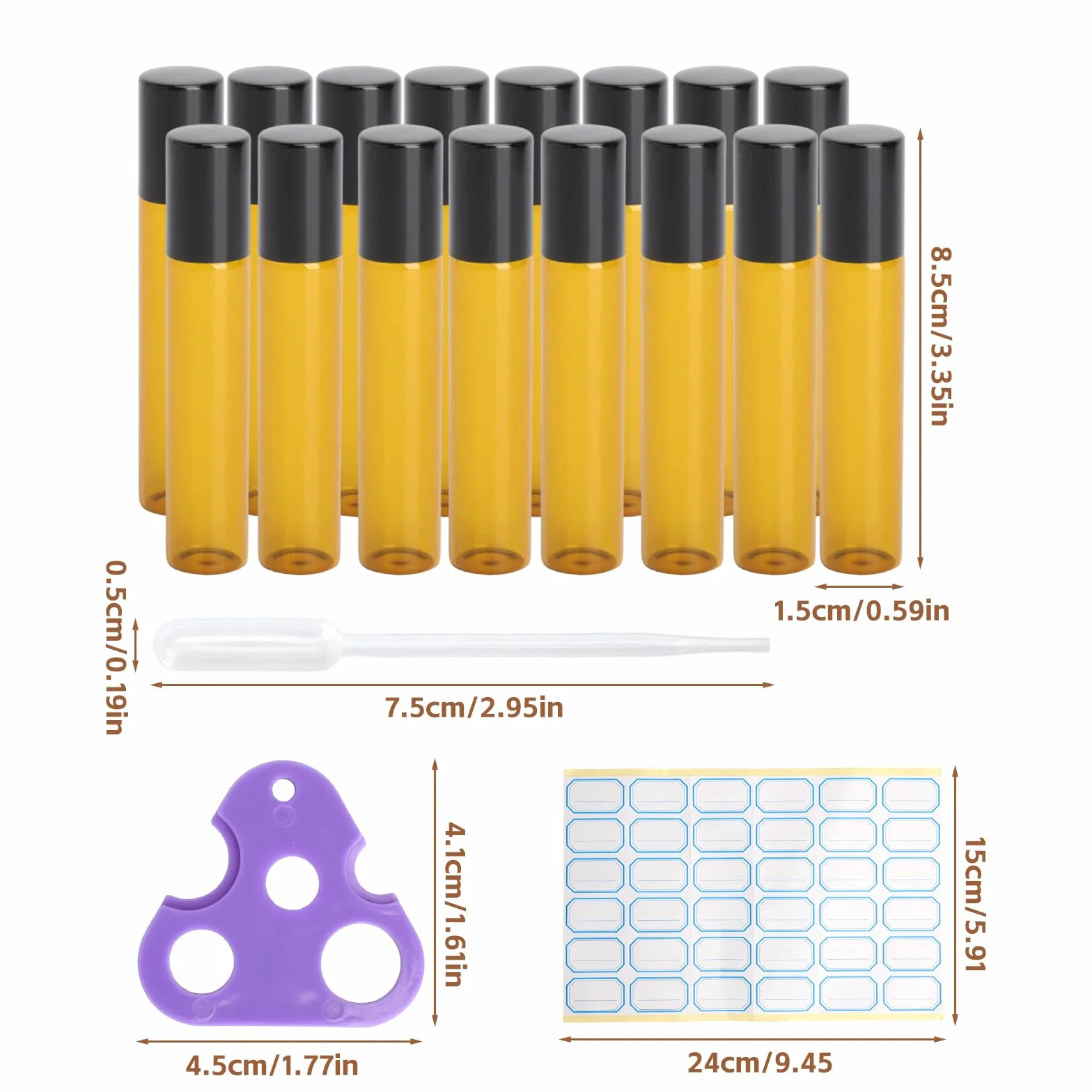 Set Roll On Vuoti 10ml,16 Flaconi in Bottiglie Vetro Ambrato con Tappo in Alluminio Nero + Pipetta Apribottiglie e Etichette Bottigliette Ricaricabili per Oli Essenziali Profumi Cosmetici