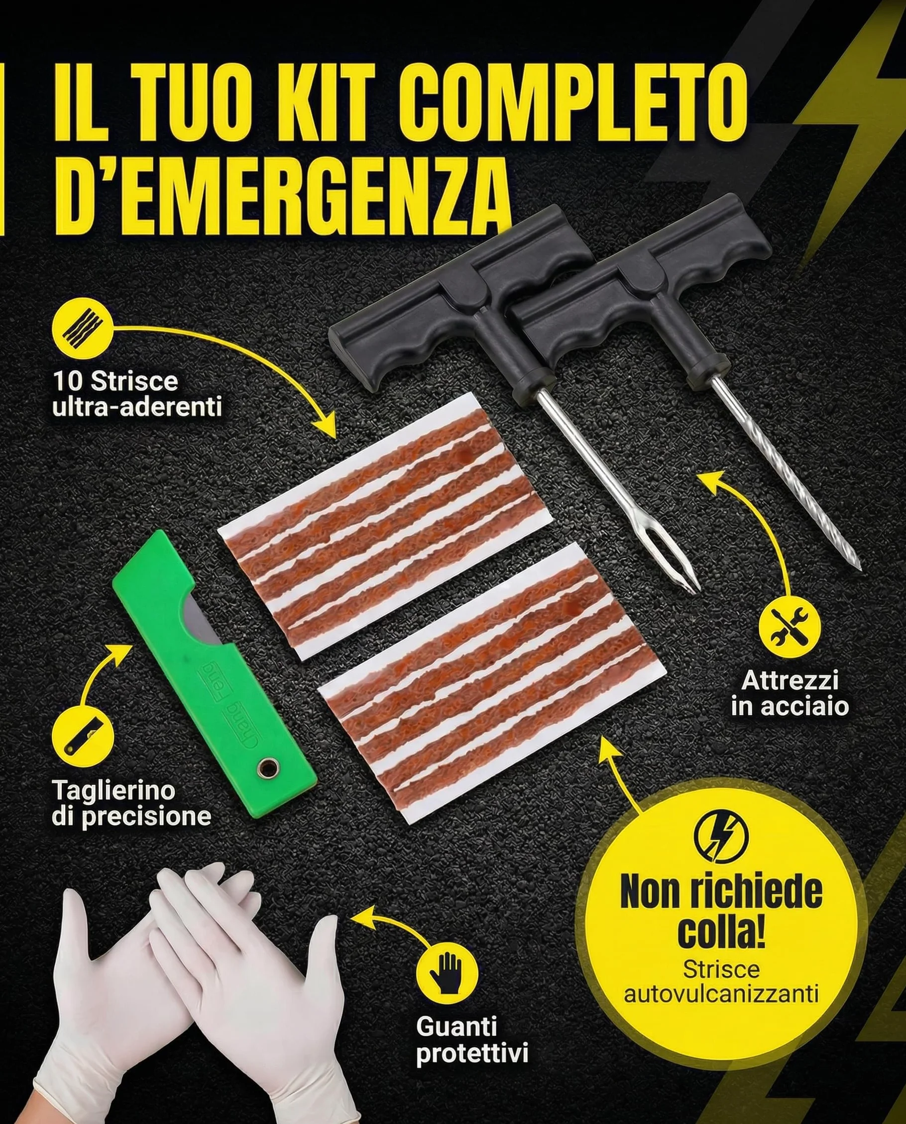 Kit Riparazione Pneumatici Auto Moto - Include 10 Tasselli, 2 Attrezzi a T, Guanti e Taglierino