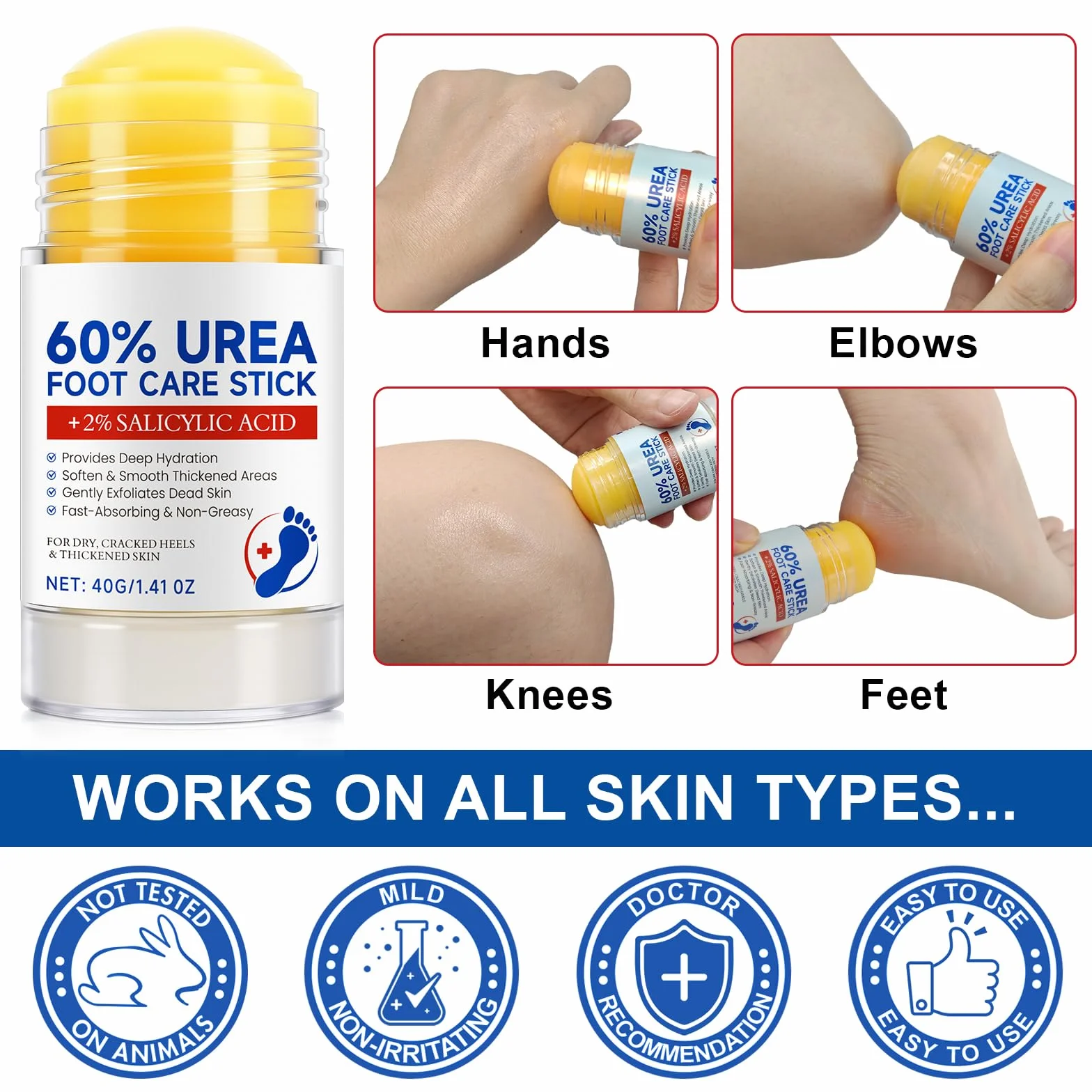 2 x crema per piedi con urea al 60% e al 2% di acido salicilico, barra riparatrice tacchi screpolati, crema idratante per piedi, per secchi e screpolati, mani, gomiti