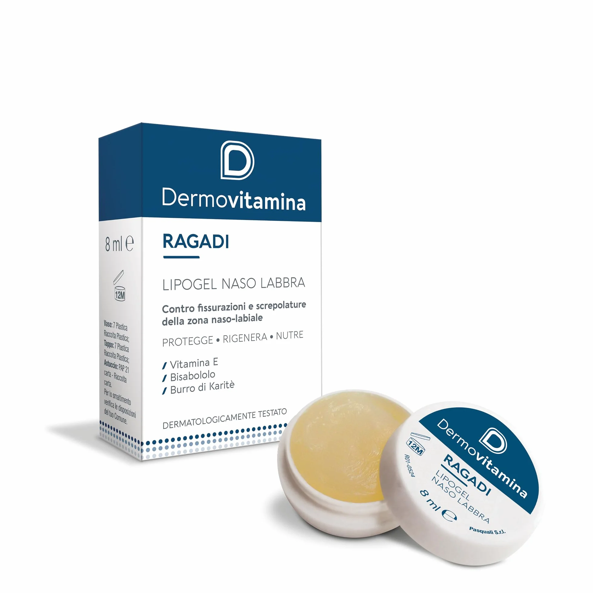 Dermovitamina Ragadi Naso Labbra - Lipogel per Naso e Lembi Screpolati - Balsamo Labbra Riparatore - Idrata e Nutre in Profondità - Formula Delicata Senza Aroma - 8 ml