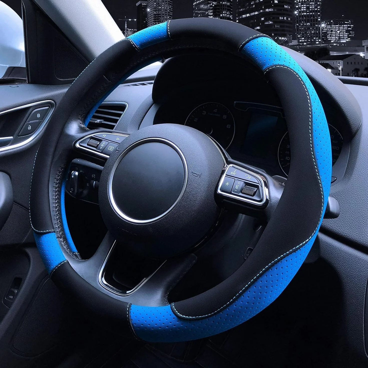Copri-volante auto sportivo antiscivolo similpelle PU 38 cm blu