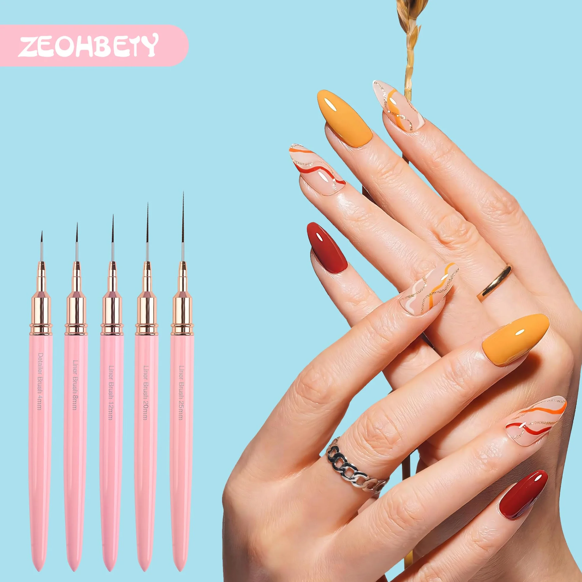 Pennelli per nail art, 5 pennelli per nail art, set di pennelli per disegnare e punteggiare le unghie, per linee lunghe, dettagli sottili, dimensioni 4/8/12/20/27 mm，rosa