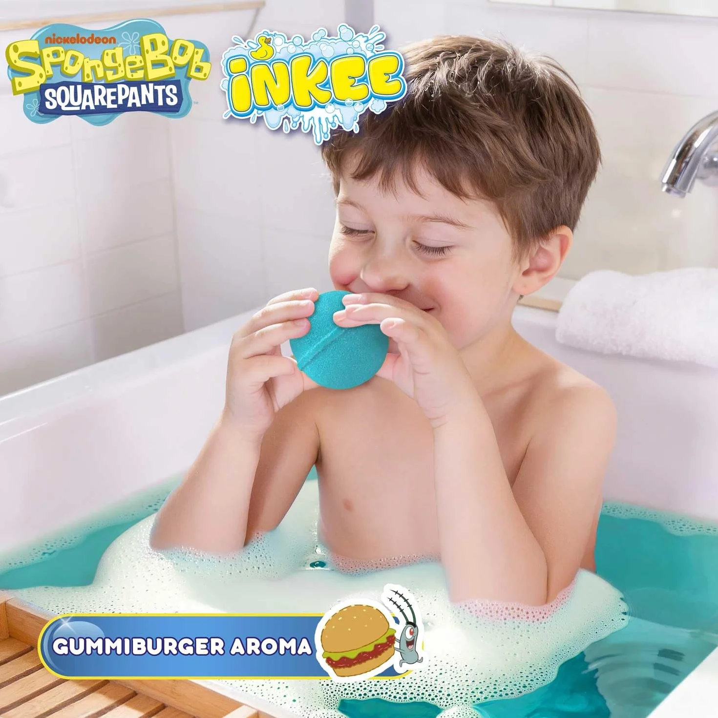 INKEE SpongeBob Bomba da Bagno con Sorpresa - Palla Bagno Bambini con Figura e Tatuaggio, Profumo Anguria, 100g, 7 Figure Collezionabili Edizione Oro
