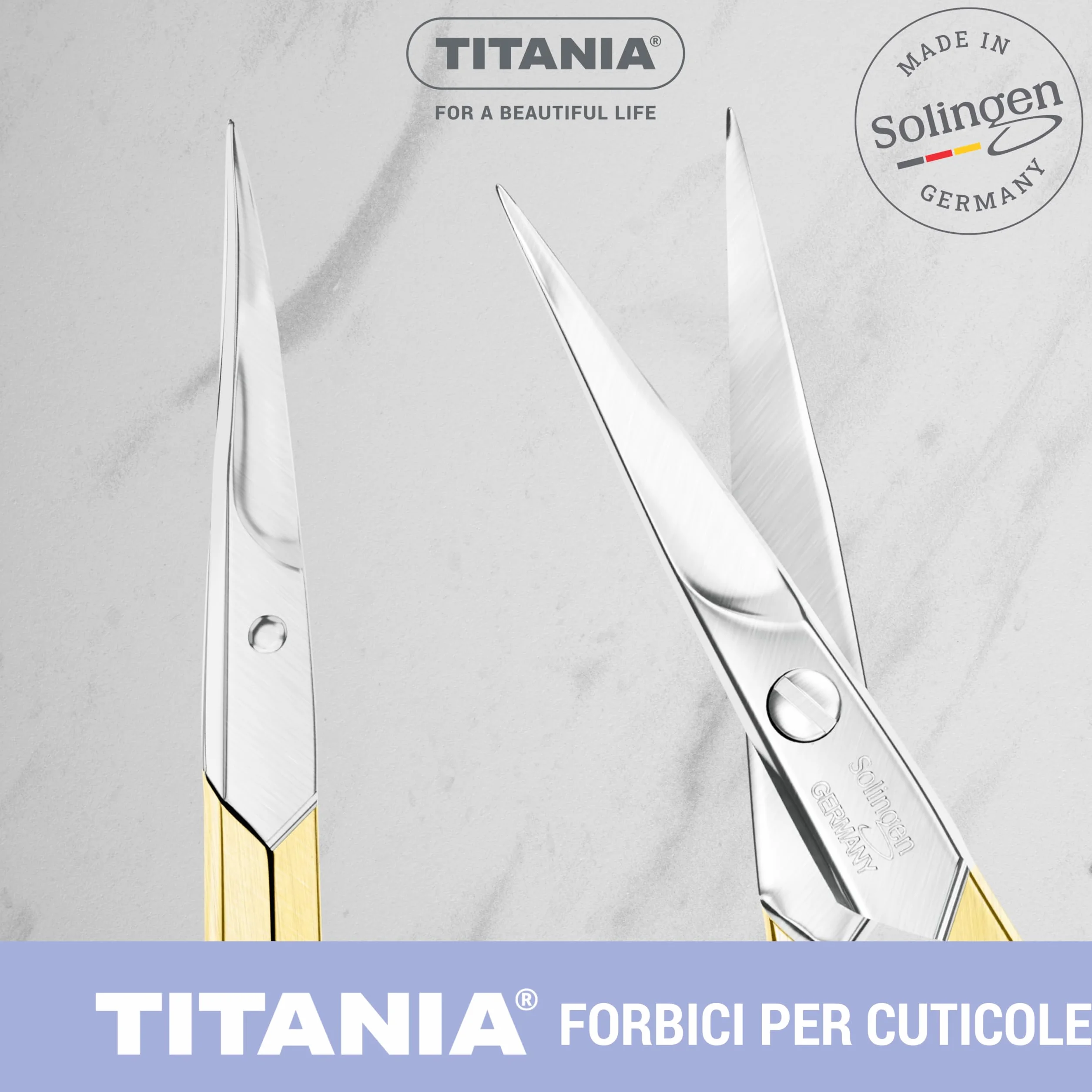 TITANIA Forbici per Cuticole Solingen Punta Sottile Curve Dorate 9,5 cm Acciaio Carbonio Made in Germany