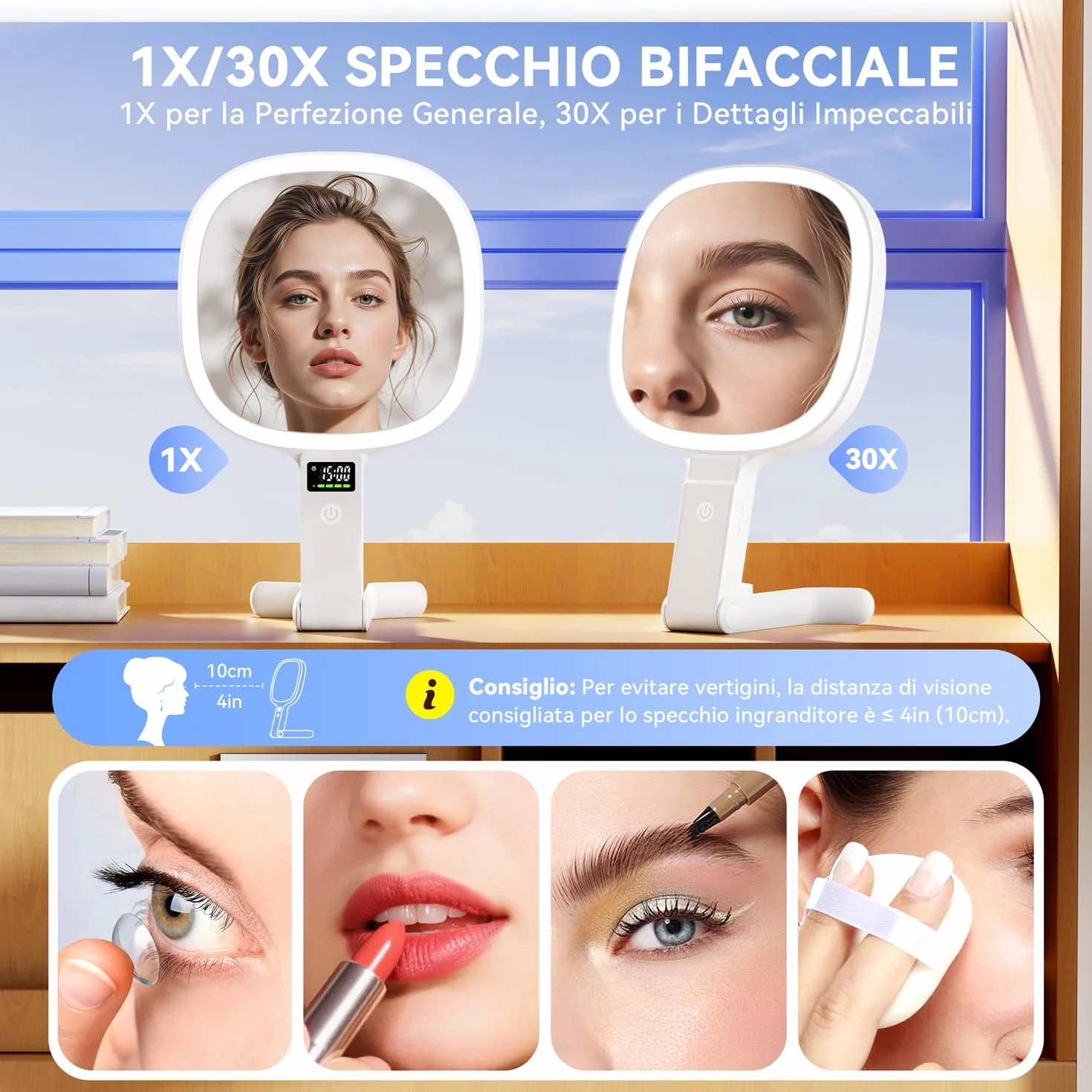 Auxmir Specchio Ingranditore Bifacciale 30X/1X con Luci LED 3 Colori Regolabile, Specchio da Tavolo Pieghevole Ricaricabile