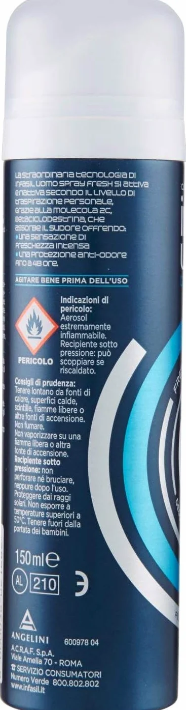 12x Infasil Deodorante Spray Uomo Derma 48h Fresh con Molecola 2C,Freschezza Intensa, Deo 150ml + Portachiavi Beni Culinari in Omaggio