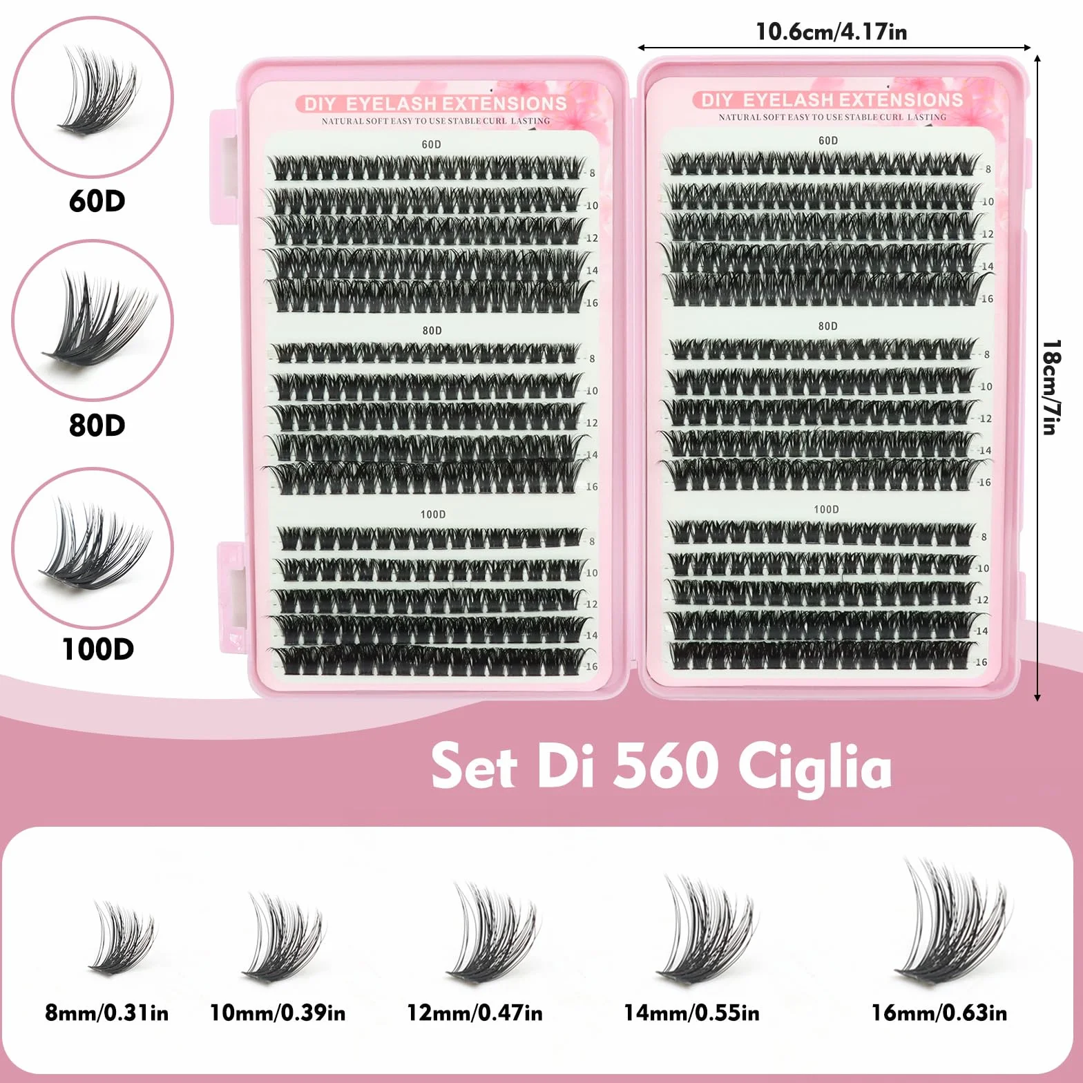 VEGCOO 560 Pezzi Ciglia Finte Extension Ciglia, 60-80-100D Curl, 8-16mm Kit