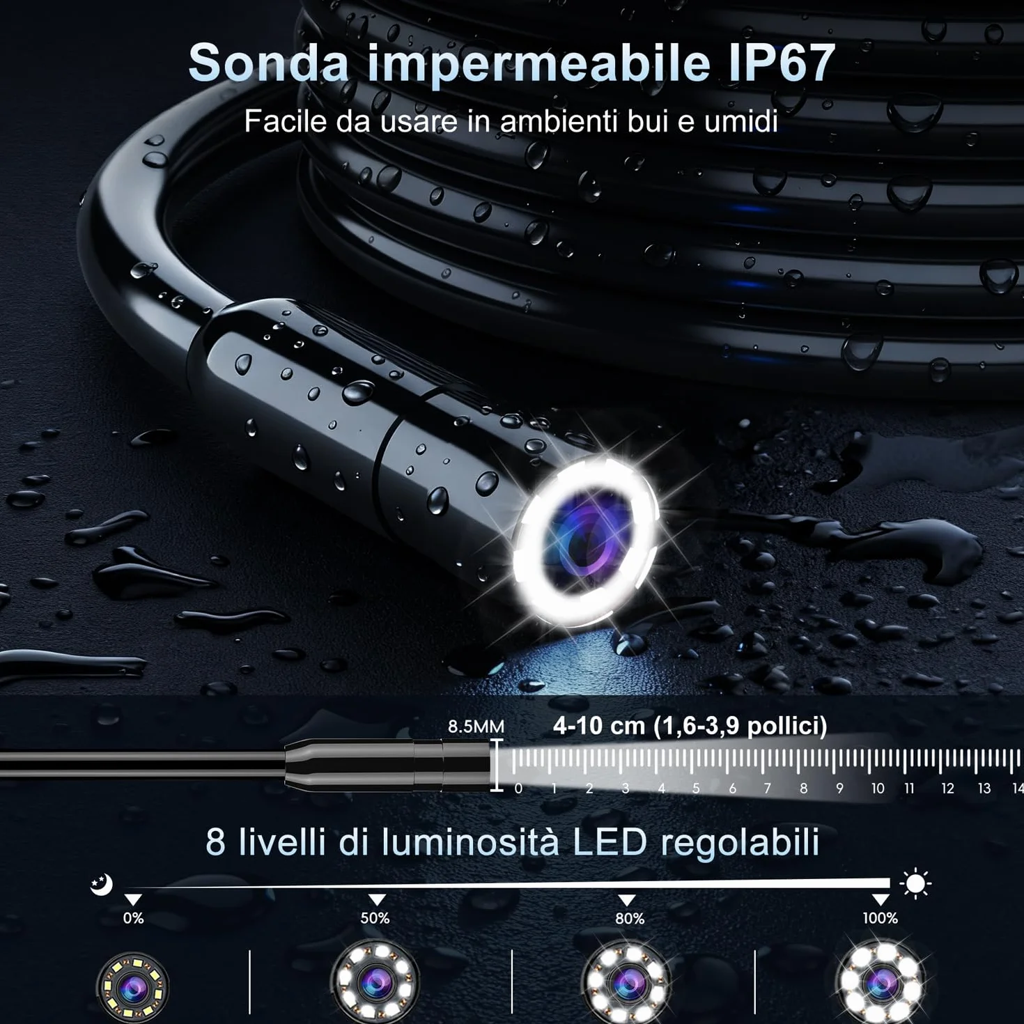 SKYBASIC Endoscopio Industriale HD 1080P 4,3 Pollici Schermo IPS IP67 Impermeabile 8 LED Cavo Semirigido 5M