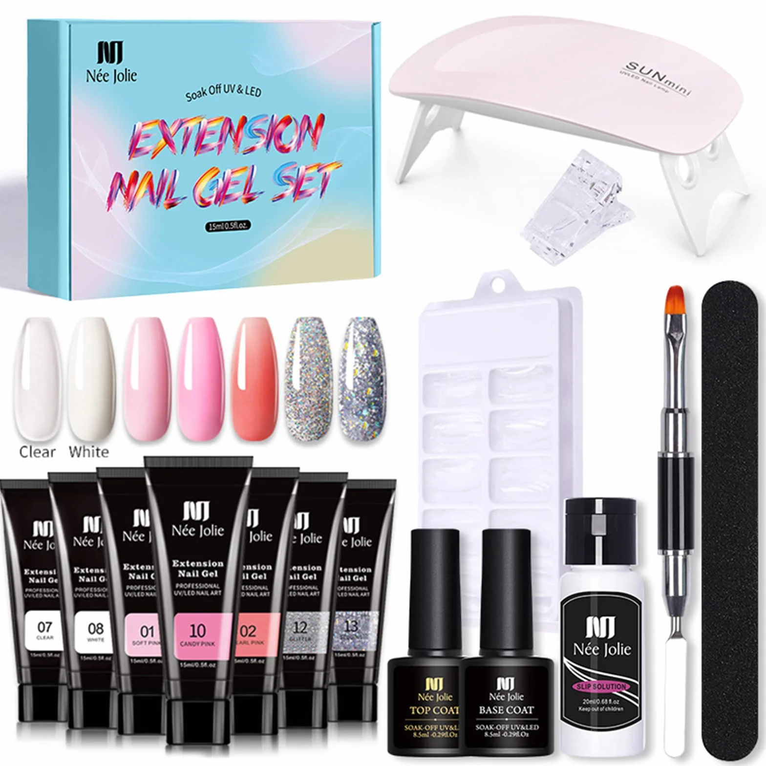 15ml Gel Unghie Ricostruzione Kit con Mini lampada UV, Unghie Extension Gel Set, per Extension per Unghie Clip Base Coat top Coat per Nail Art Starter Kit (Multicolore3)