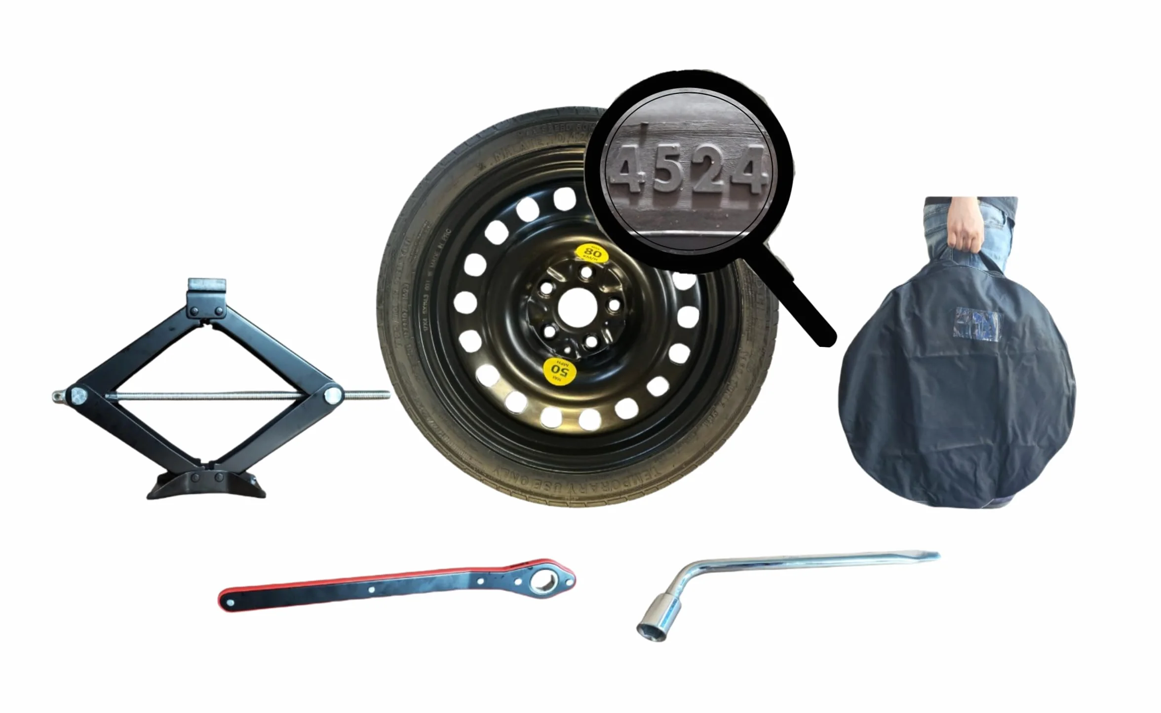 Kit Ruotino di Scorta 17" Renault Captur 2" serie 5 Fori 63x63x13cm Cric Chiave Sacca