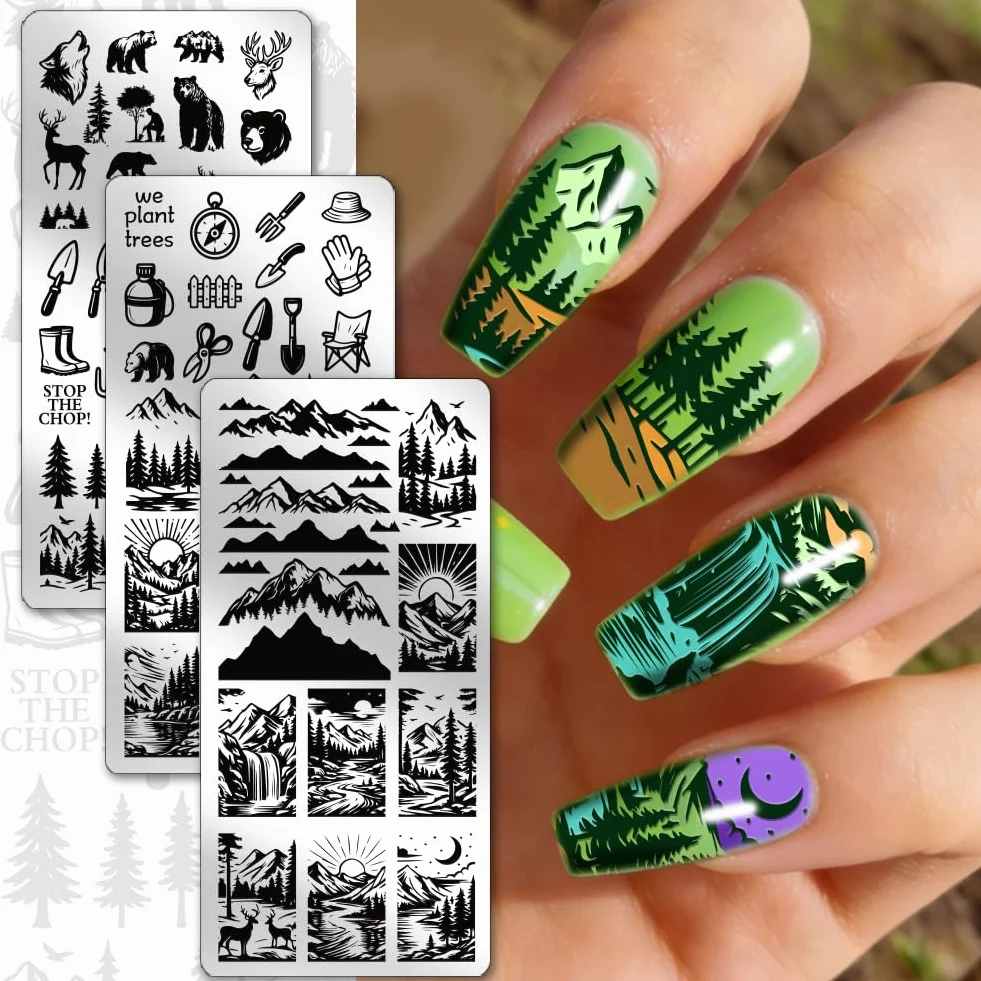 PH PandaHall 3 piastre per stampaggio unghie con alberi animali selvatici modelli per nail art montagne foresta manicure piastra timbro proteggere alberi unghie stencil arte per donne stampa manicure