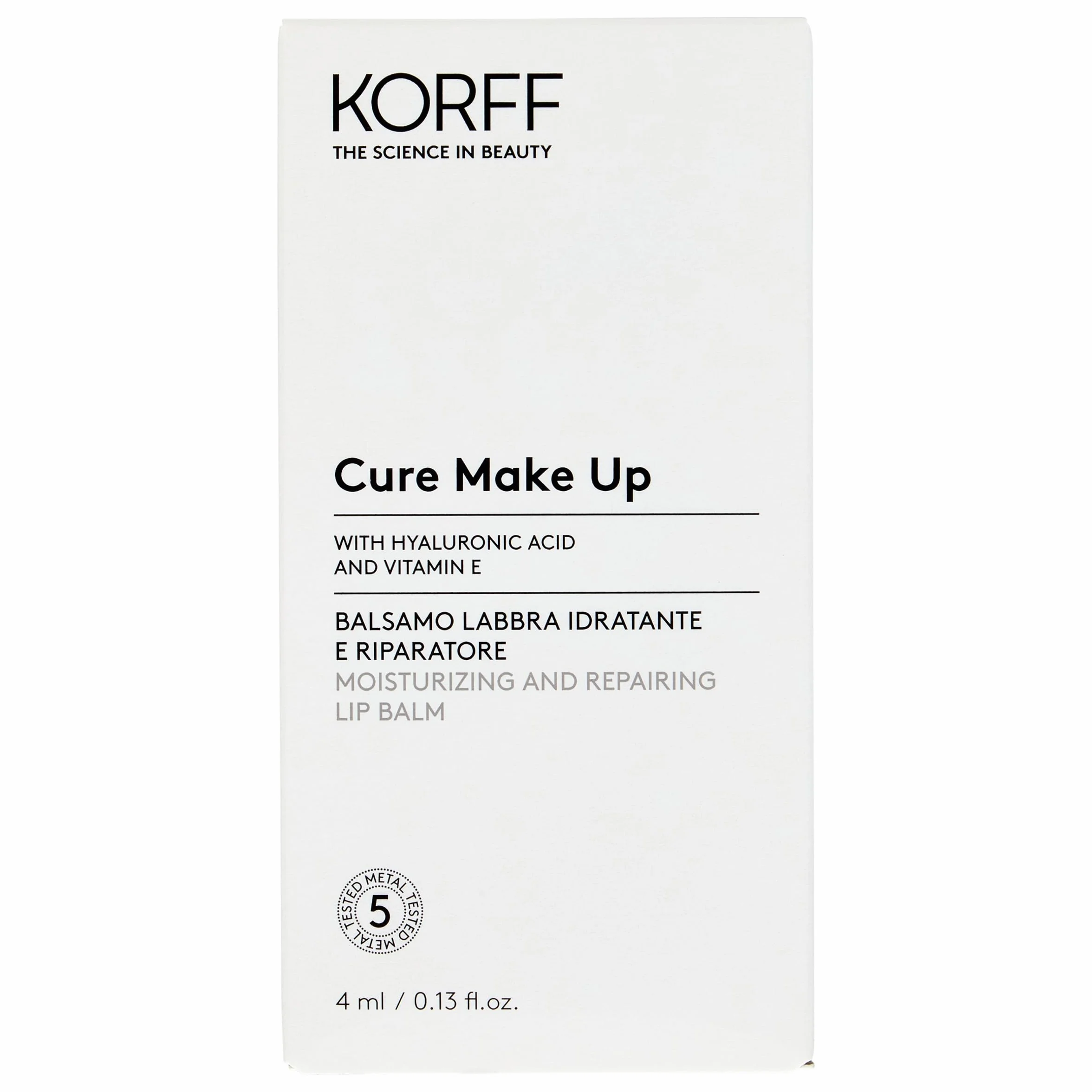 Korff Balsamo Labbra Idratante e Riparatore, Idrata le Labbra con Acido Ialuronico e Vitamina E, Texture Sottile e Trasparente, Confezione da 4ml
