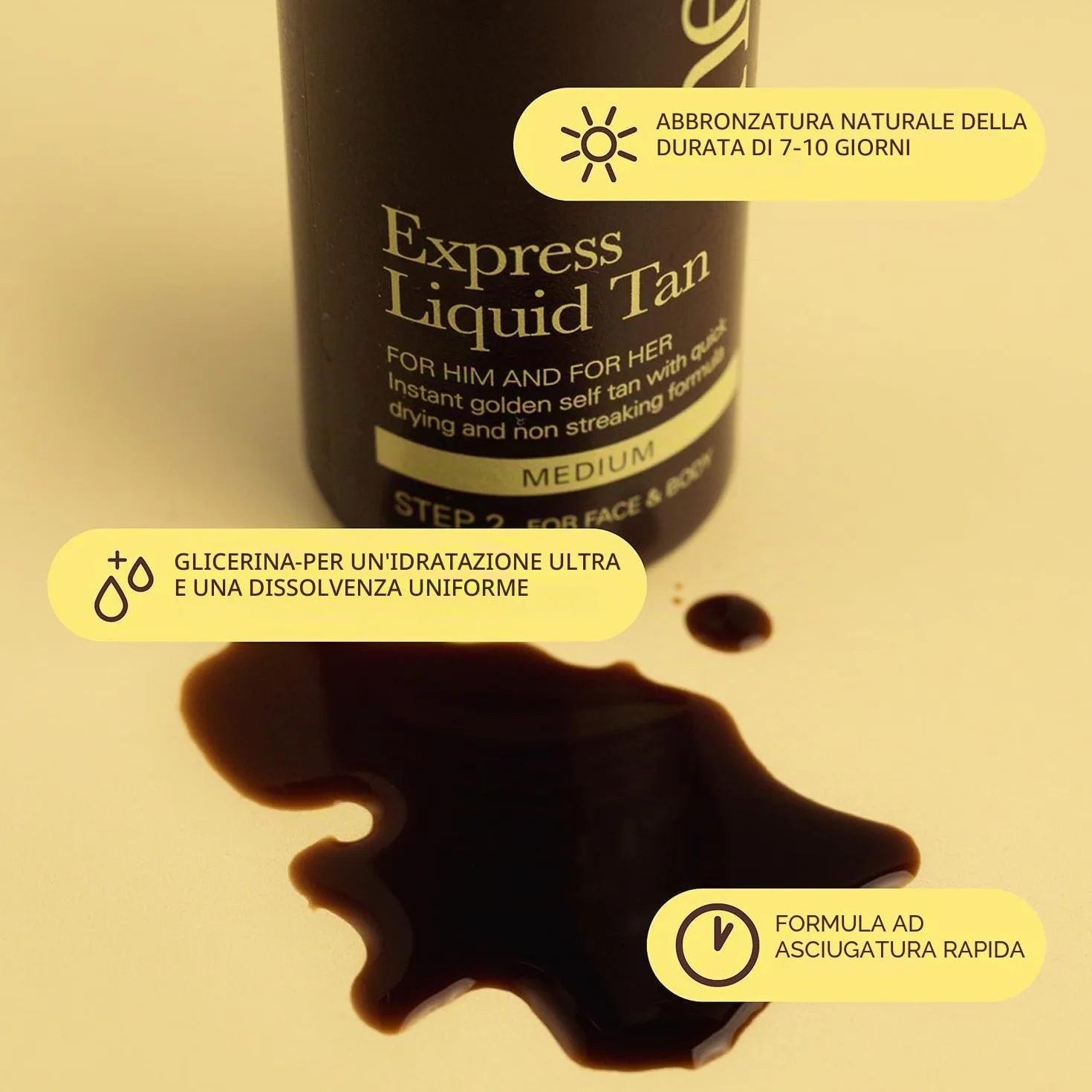 He-Shi Express Liquid abbronzante istantaneo liquido – nessun odore autoabbronzante – formula ad asciugatura rapida e senza aloni – formula naturale vegana con glicerina – autoabbronzante per corpo e