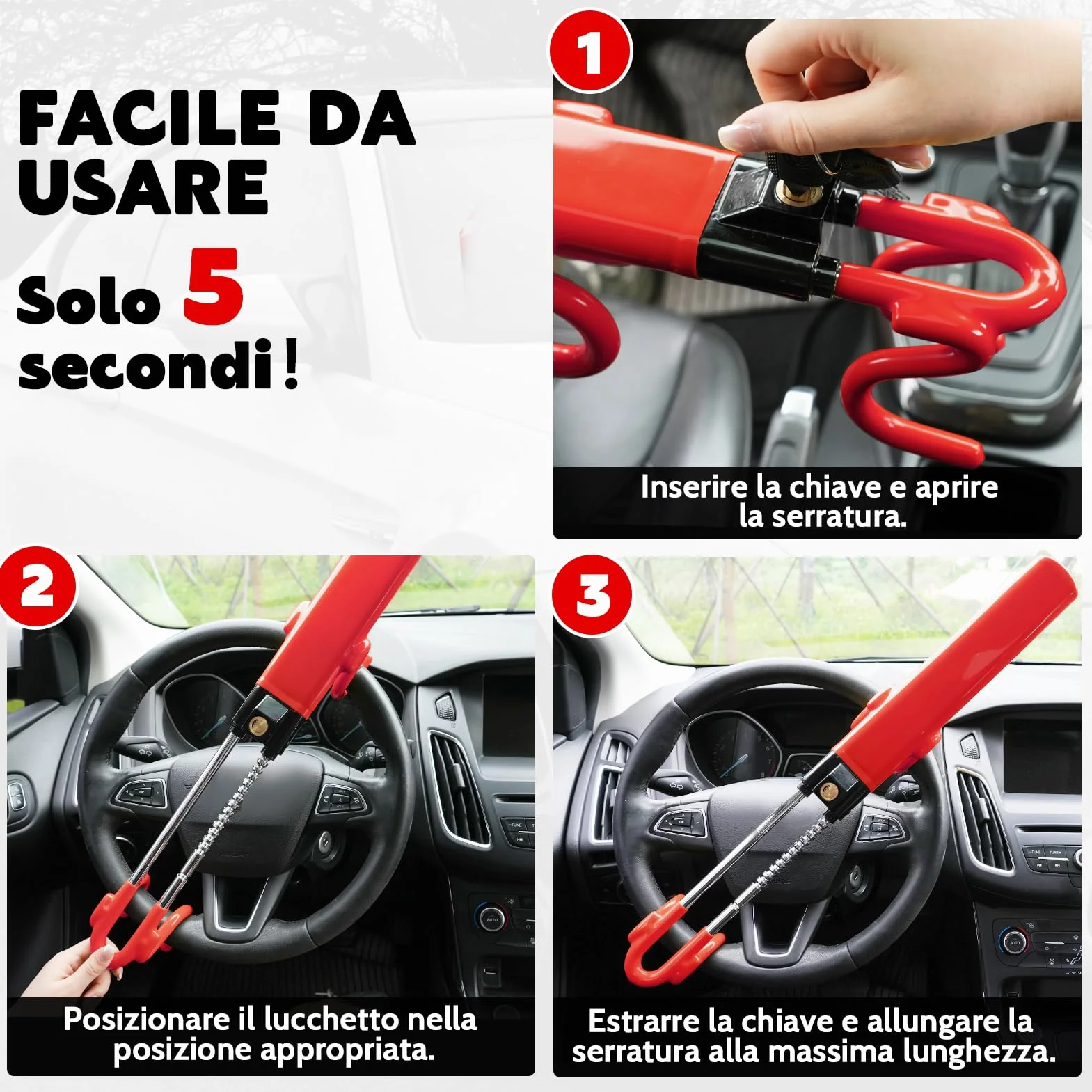 Tevlaphee Blocca Sterzo Automobile, Bloccasterzo Auto, Alta Visibilità, 3 Chiavi (Rosso)