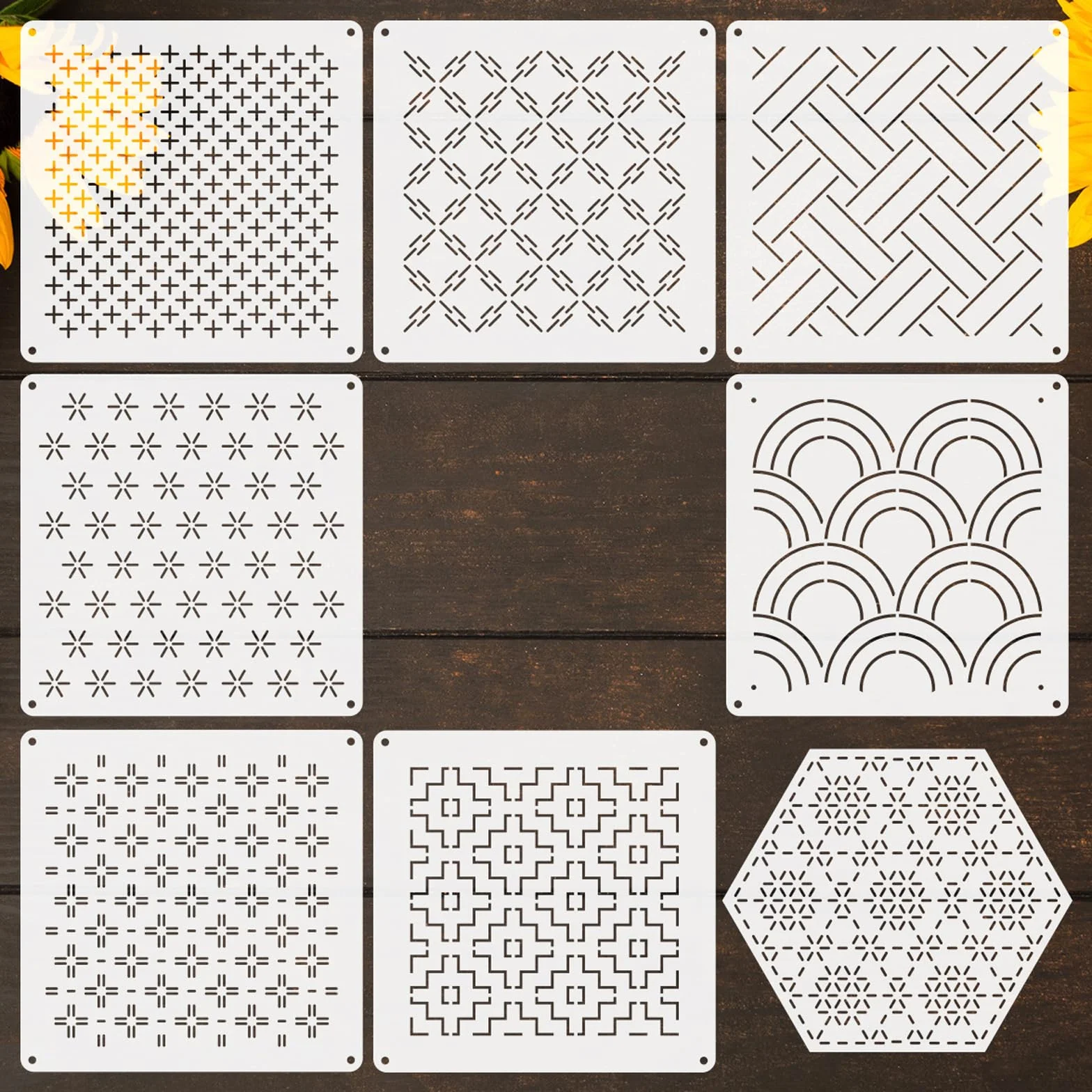 Stencil Sashiko,8 Modelli Riutilizzabili in Plastica per Ricamo e Cucito 12,9 x 12,9 cm Motivi Geometrici Ldeale per Lavori Artigianali e Regali
