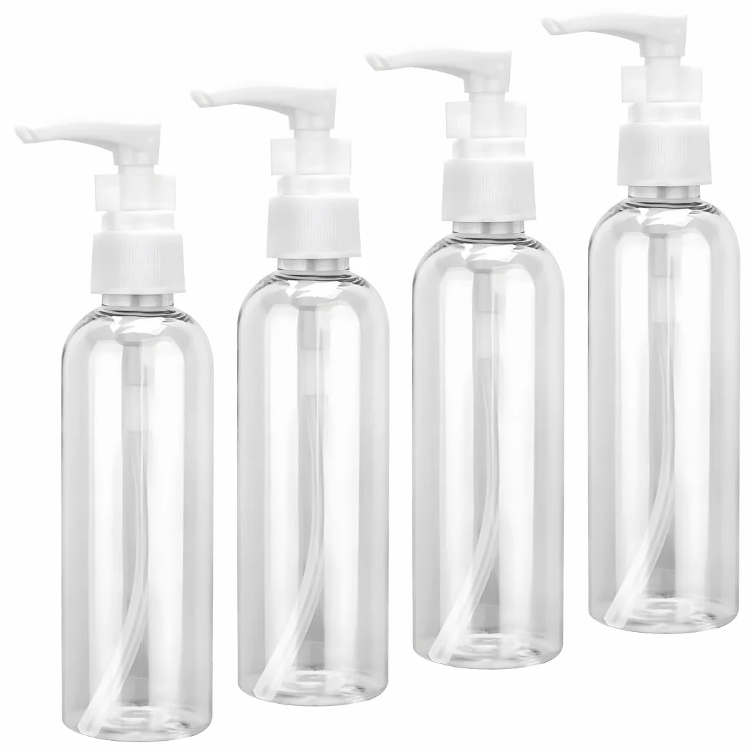 4 Pezzi Flaconi da Viaggio, 100 ml Bottiglie da Viaggio Trasparenti, Pompa da Viaggio in Plastica Dispenser, Boccette Contenitori Ricaricabile, per Cosmetici, Lozione, Bagno, Shampoo Liquidi