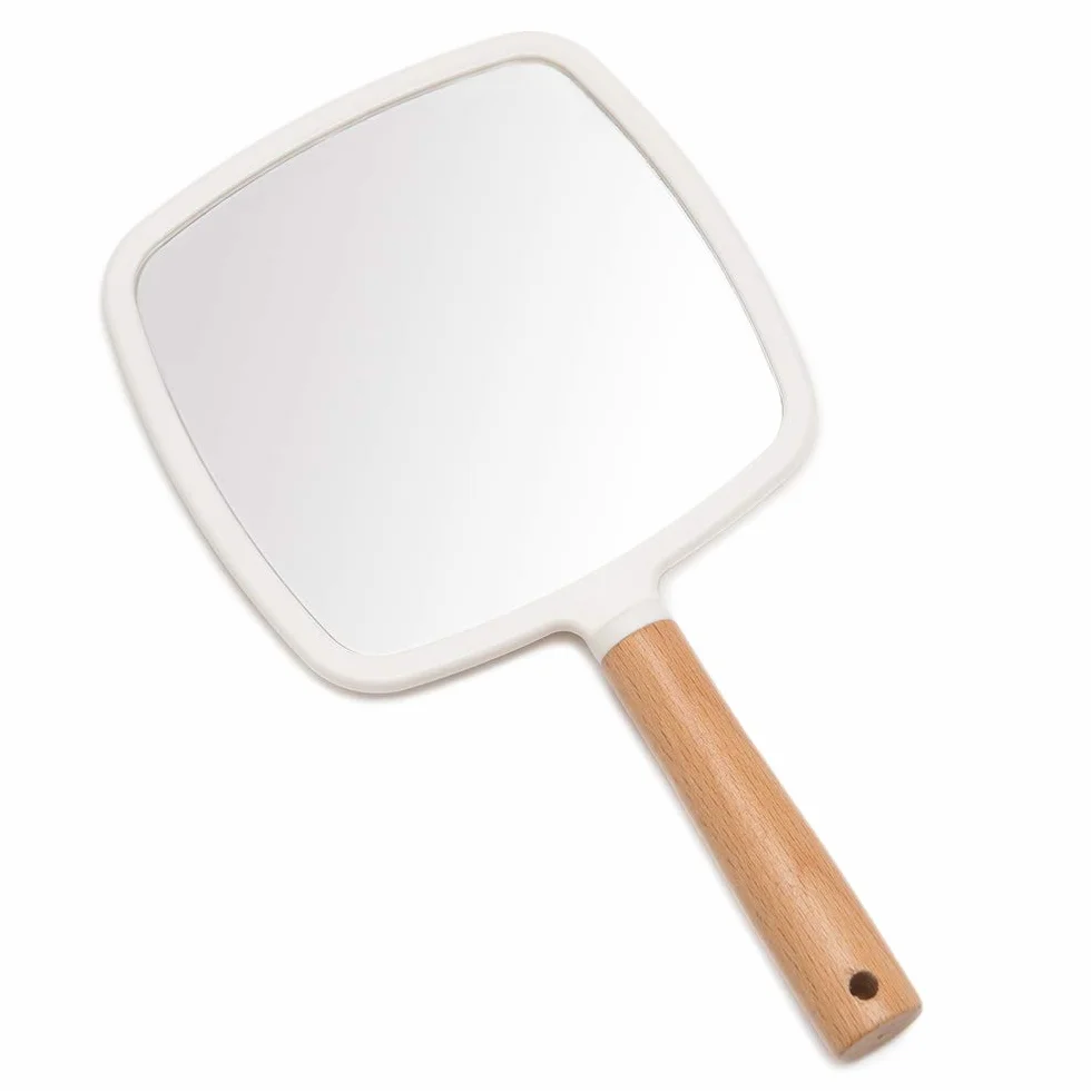 YEAKE Specchio a mano con manico per trucco, piccolo specchio in legno carino per rasatura con foro da appendere su un lato, portatile, da viaggio, per uomini e donne (quadrato)