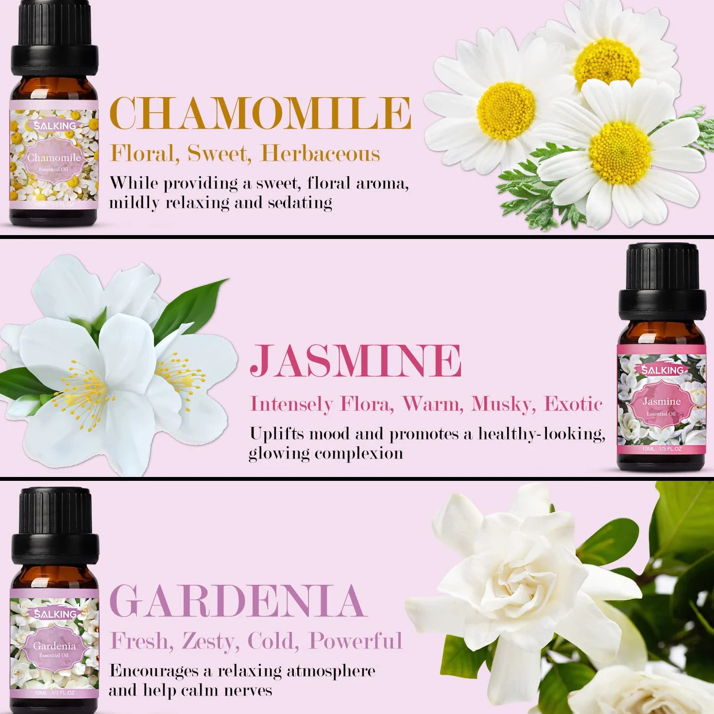 Oli Essenziali Floreale per Diffusori 6x10ml, Set di Olio Essenziale Puri - Lavanda, Gelsomino, Rosa, Fiore di Ciliegio, Gardenia, Camomilla