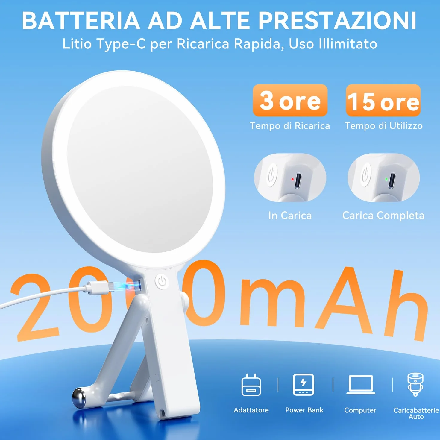 Auxmir Specchio Trucco con Luci LED 30X/1X Ingranditore Bifacciale 3 Colori Regolabile Pieghevole da Tavolo Ricaricabile Portatile
