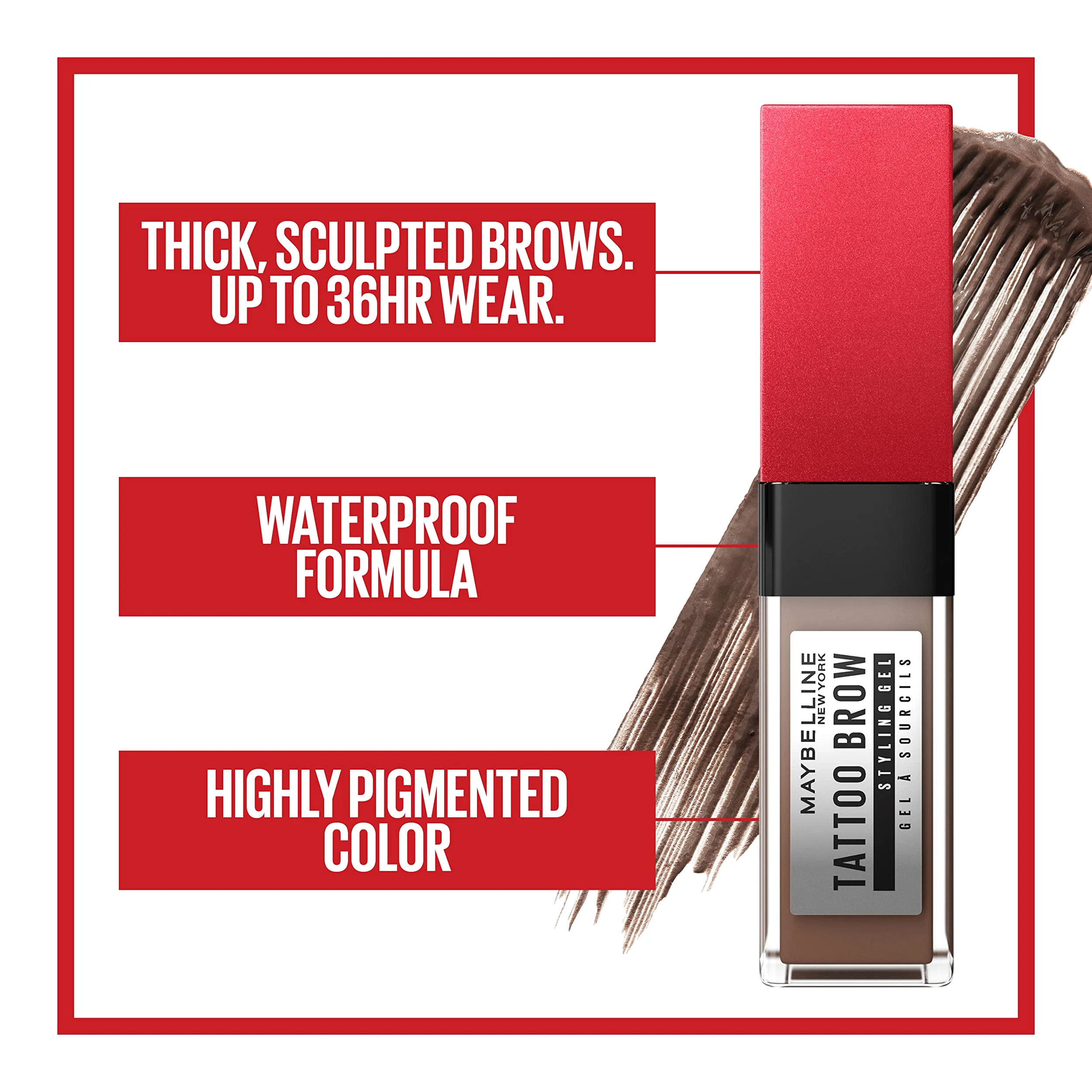 Maybelline Maybelline Tattoo Studio, gel per sopracciglia impermeabile, tintura per sopracciglia che dura fino a 36 ore, marrone medio, 257 marrone medio, 0,2 once