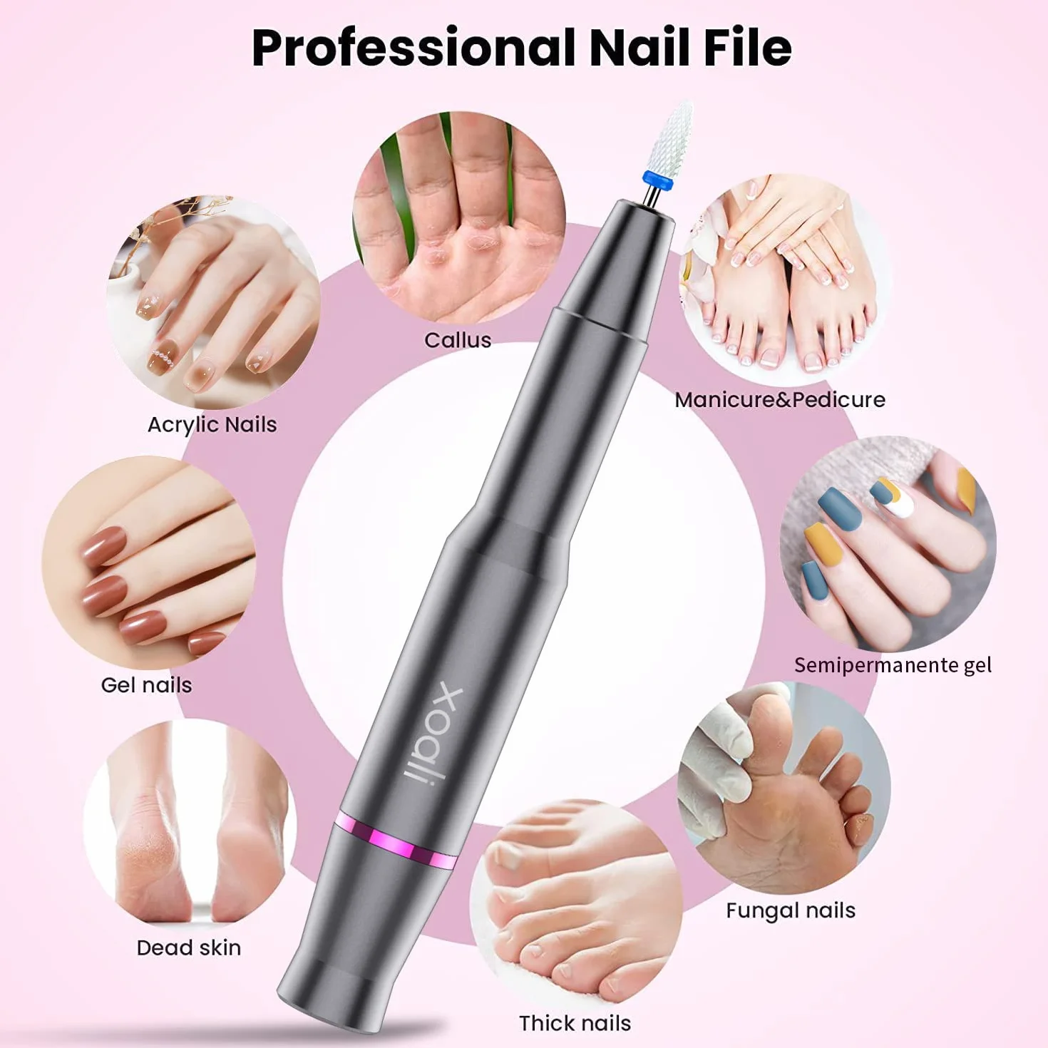Xoali Fresa per Unghie 25000RPM Lima Elettrica 12 in 1 Professionale Portatile con Punta in Ceramica Velocità Regolabile Kit Manicure Pedicure