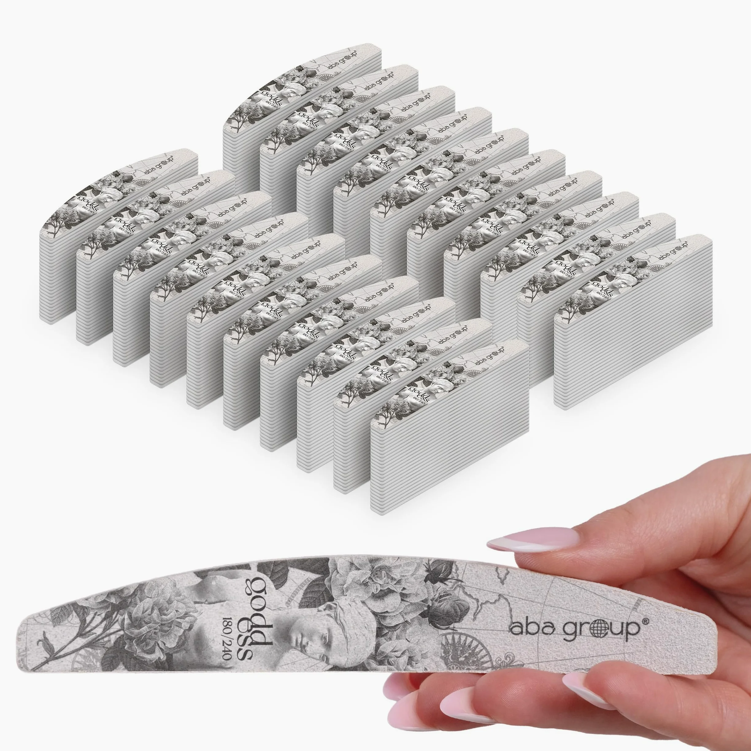 ABA GROUP Goddess - Lima per unghie 180/240-500 pezzi – Mezzaluna 4 mm di spessore – Strumenti professionali per unghie in gel e naturale, lime per unghie in gel, frecce su due lati, set per nail art