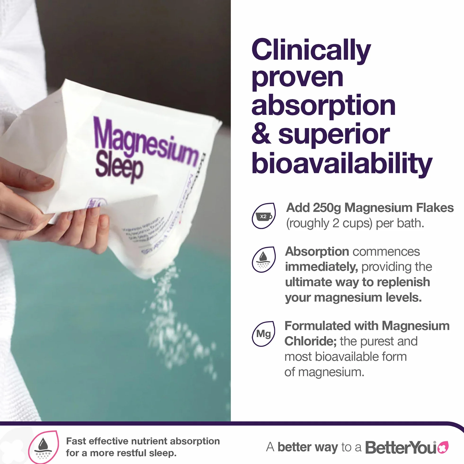 BetterYou Fiocchi da Bagno Minerali per il Sonno al Magnesio, Magnesio Zechstein Infuso con Lavanda e Camomilla per Lenire i Muscoli Doloranti, Oli Essenziali Rilassanti per un Sonno Profondo, 1 kg