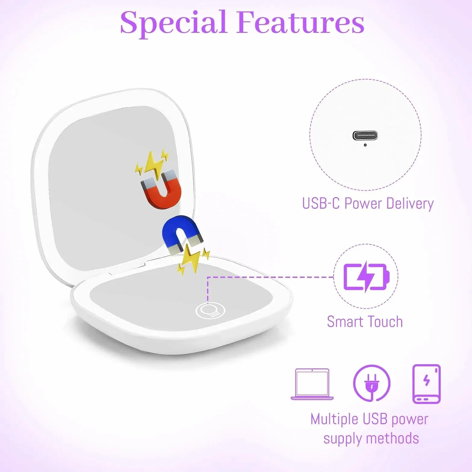 Collazoey LED Specchio Ingranditore, 1X/10X Specchietto da Borsetta, Chargement par USB, 3 Luci Regolabile Portatile Specchio da Viaggio, Interruttore Magnetico Pieghevole Piccolo Mirror (Bianco)