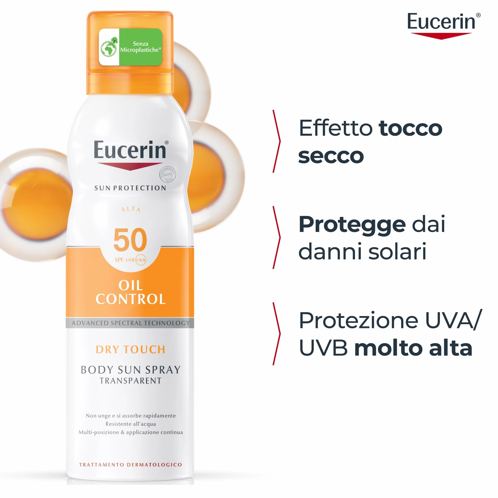 Eucerin Oil Control Body Sun Transparent Dry Touch SPF 50 200 ml Crema Solare Spray UVA/UVB Protezione Solare Pelle Sensibile Acneica