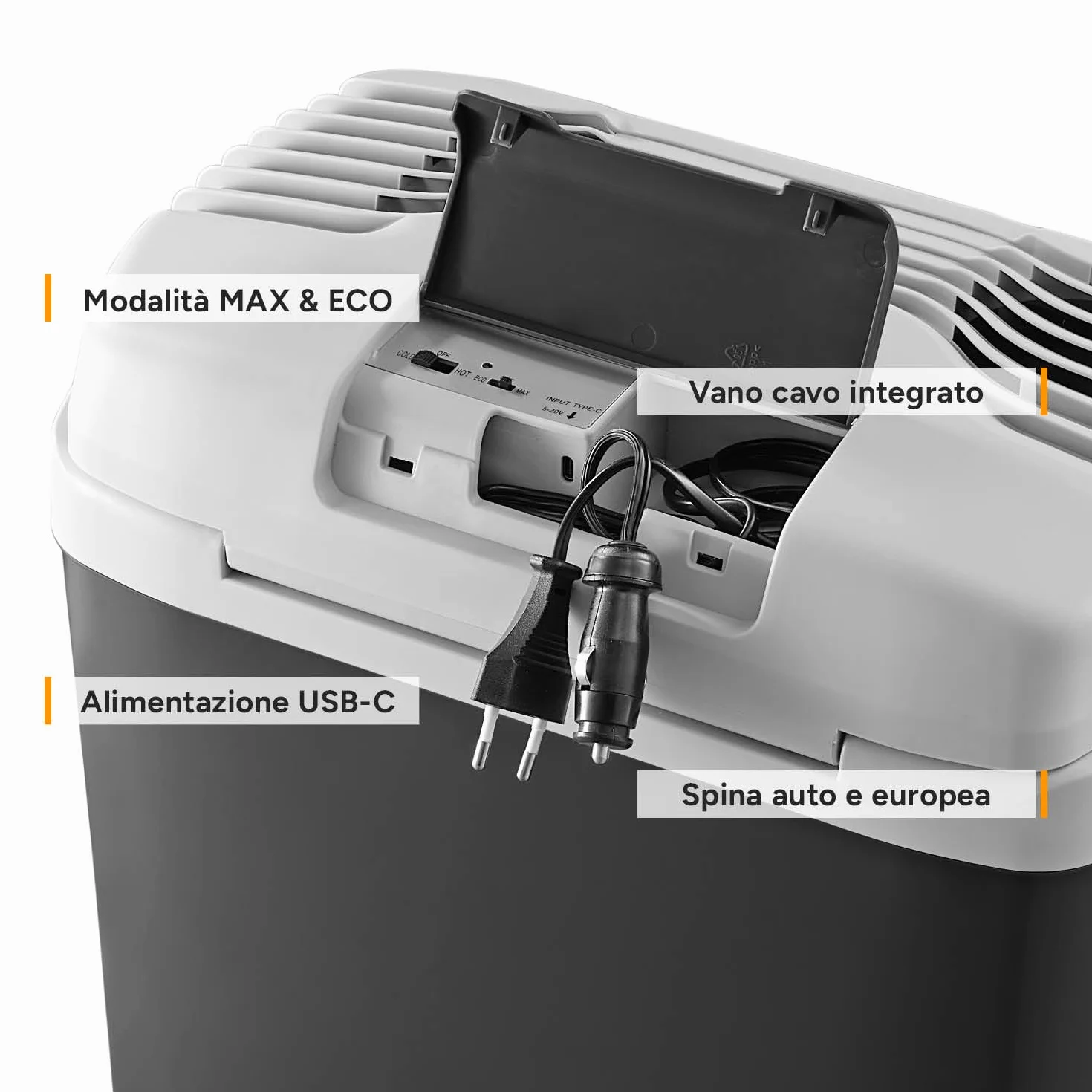 TZS First Austria Frigo Portatile Elettrico 20L Tripla Alimentazione 12V/230V/USB-C Raffreddamento Riscaldamento Nero Grigio