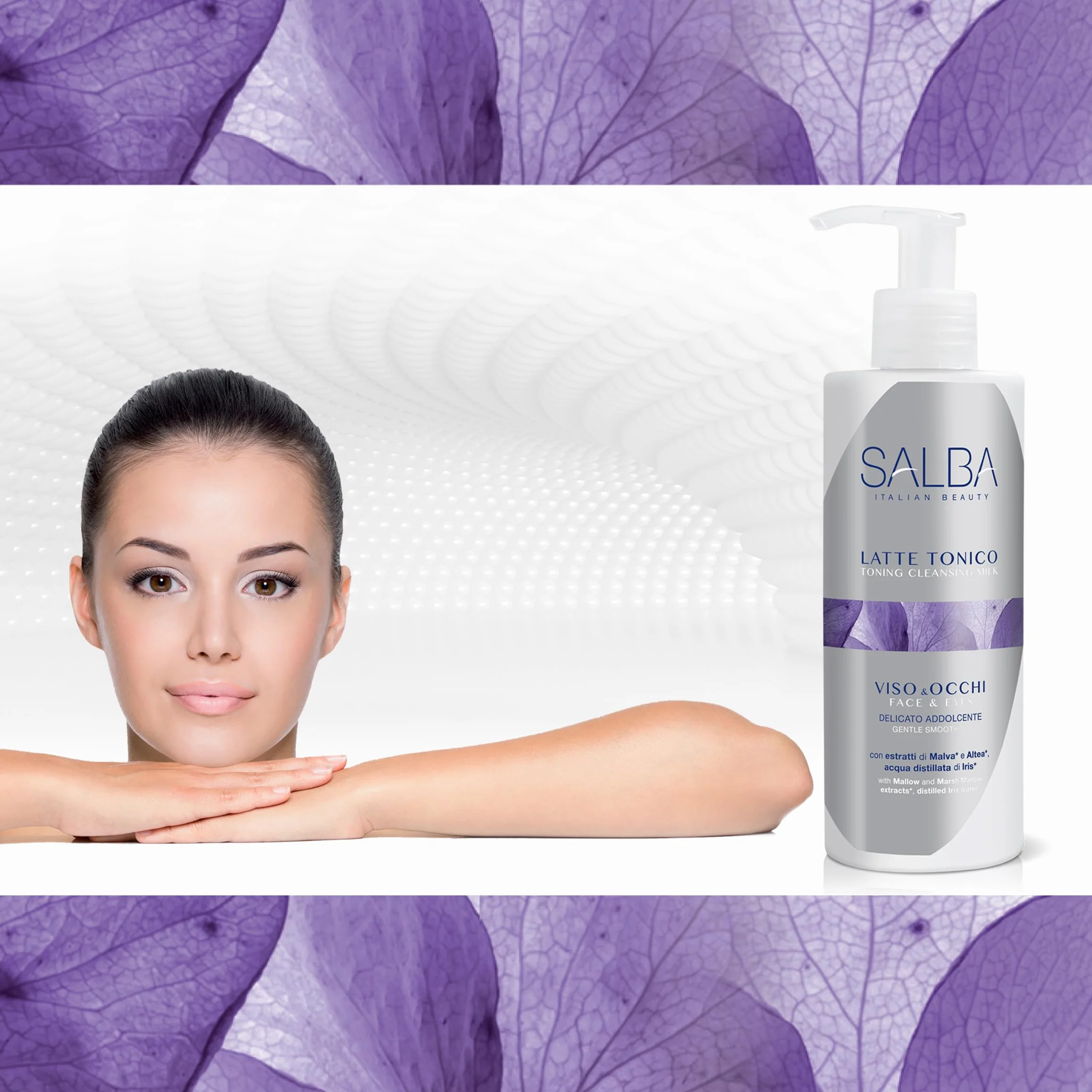 SALBA Latte Tonico Viso & Occhi Detergente Struccante Delicato Addolcente, Texture Soffice e Cremosa, con Estratti di Malva e Altea, Acqua Distillata di Iris, per Tutti i Tipi di Pelle, 200 ml
