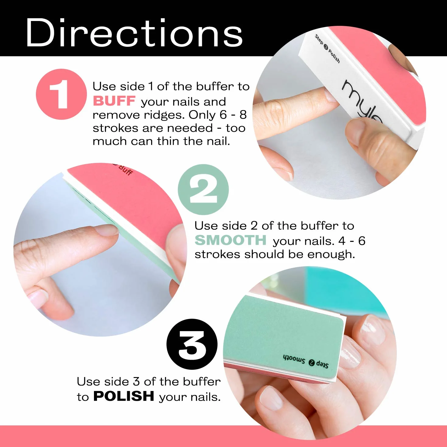 Mylee Buffer per unghie a 3 lati – Trattamento per manicure professionale, Tripla grana (320/600/3000), Blocco lucidante per preparazione smalto gel e acrilico – Lucida unghie naturali