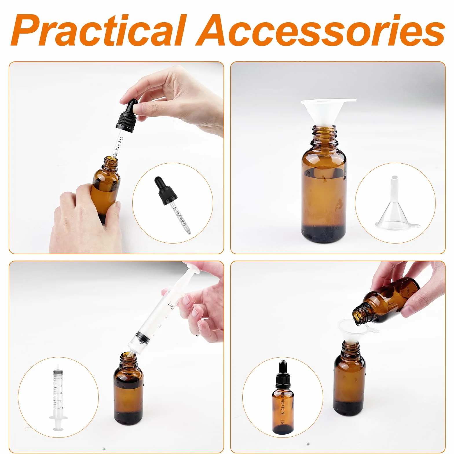 Brevanza 6 pezzi contagocce vetro scuro 30ml con imbuti per oli essenziali