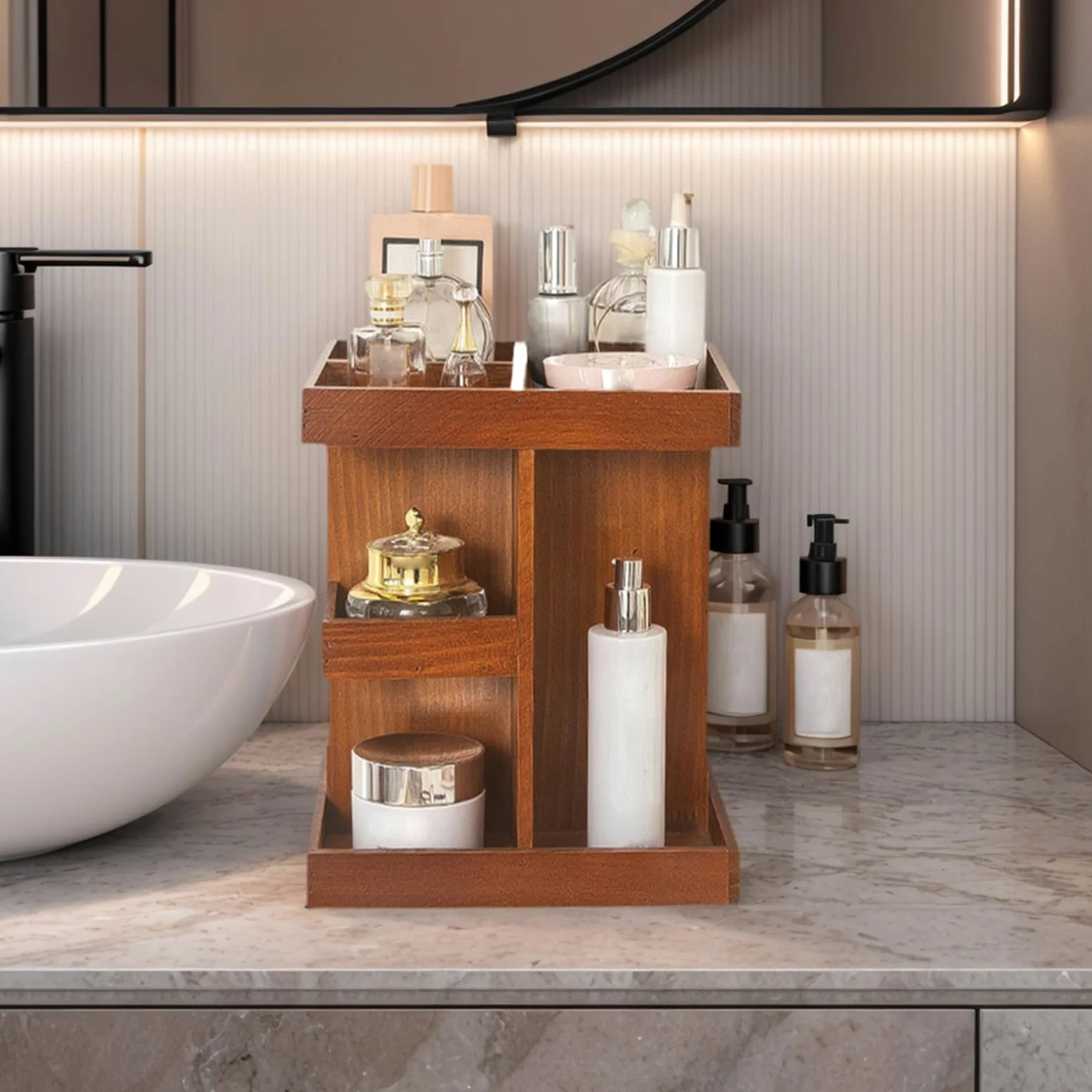 Organizer Trucco Girevole Espositore In Legno Stile Rustico | Organizer girevole portaprofumi e trucchi Articoli Toeletta Cosmetici Profumi Cura Pelle Casa Bagno Camera Piano Appoggio