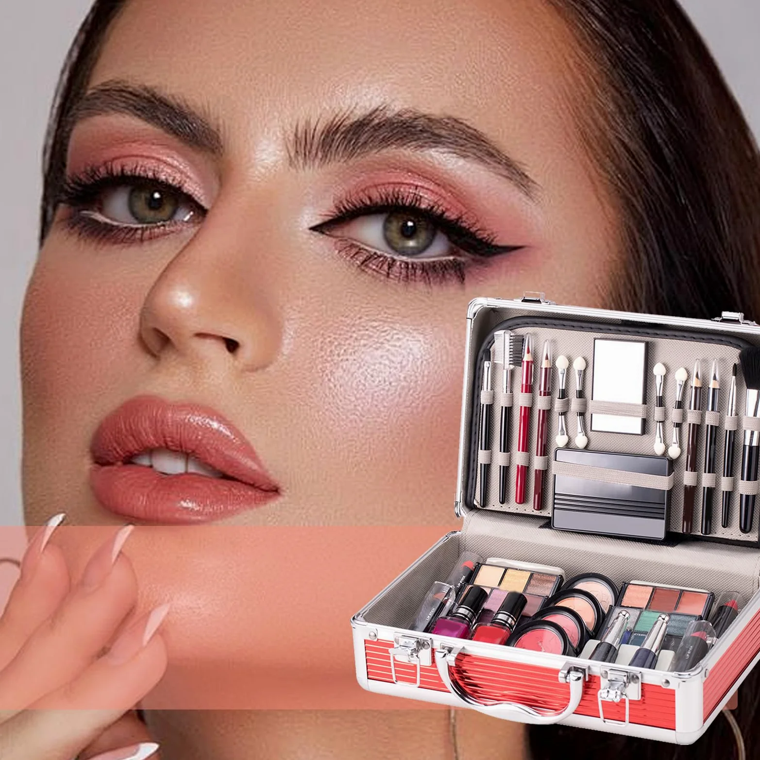 Kit per il trucco completo del viso, set per il trucco per principianti | Kit per principianti con custodia, Ombretto, fard, per sopracciglia, rossetto, smalto, pennello per sopracciglia per