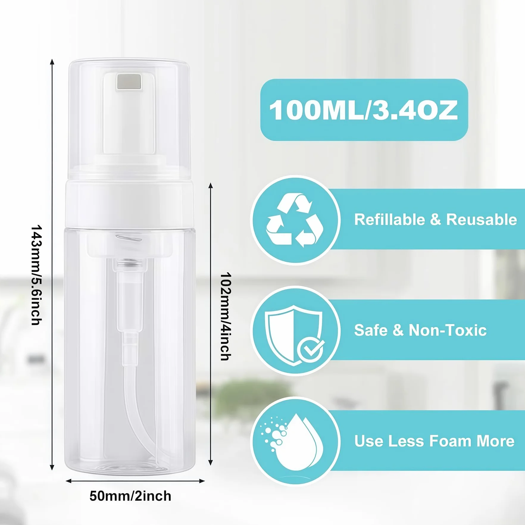 3 flaconi da 100 ml in plastica trasparente con erogatore a pompa, ricaricabili, da viaggio, dispenser per sapone per mani, shampoo, cosmetici, dispenser di schiuma