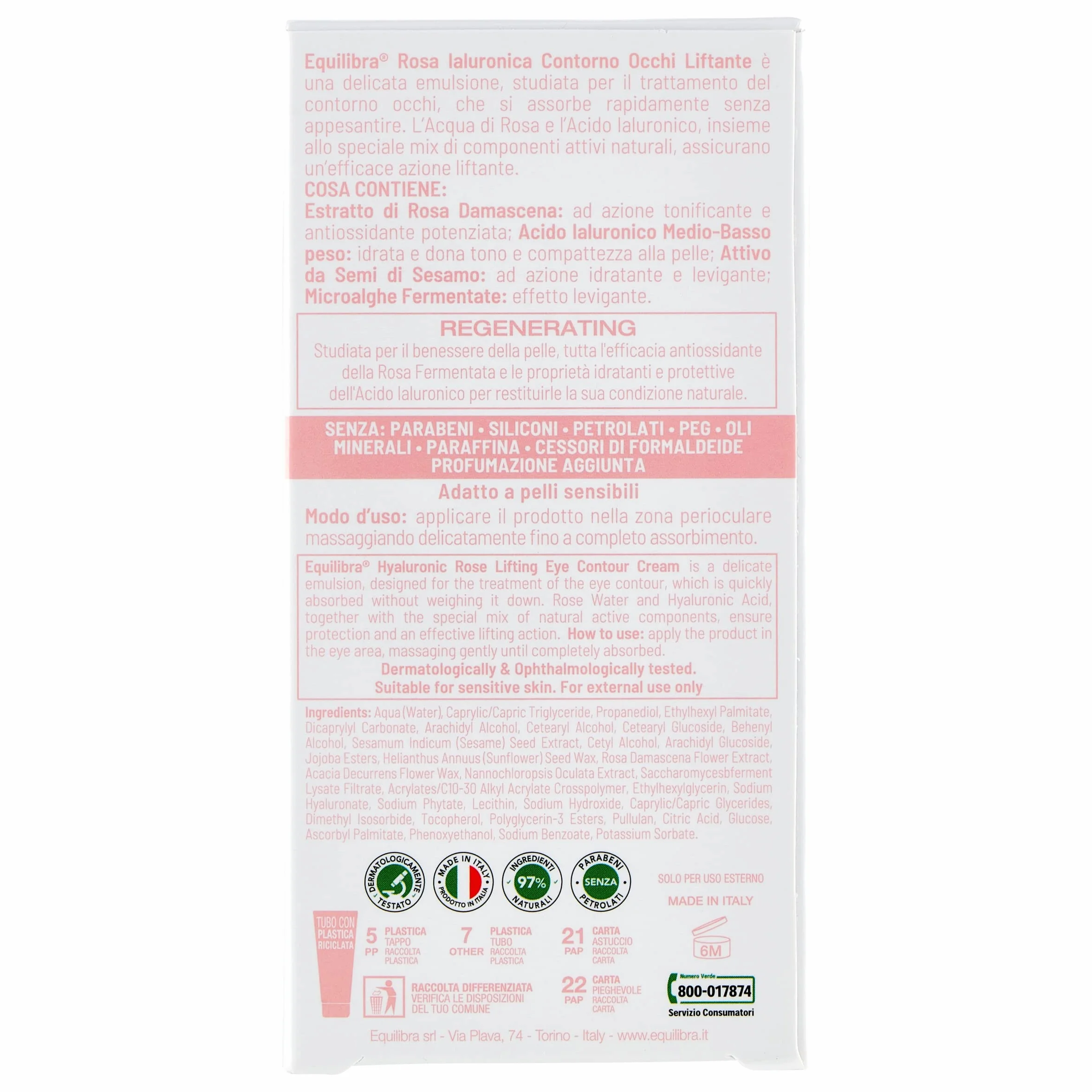 Equilibra Viso, Rosa Ialuronica Contorno Occhi Liftante, Siero Contorno Occhi a Base di Estratto di Rosa Damascena, Acido Ialuronico, Attivo da Semi di Sesamo e Microalghe, Effetto Lifting, 15 ml