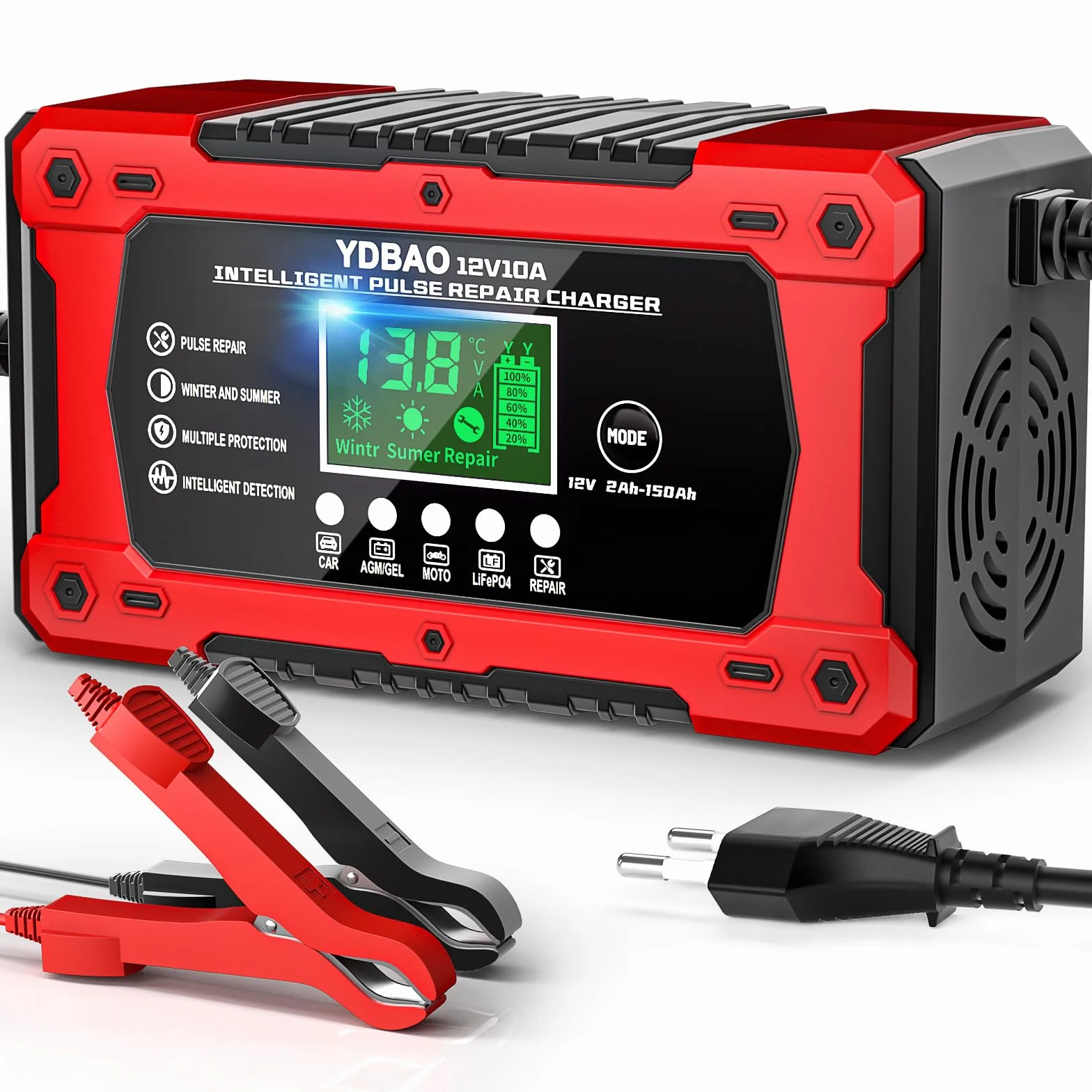 Caricabatterie Auto 10A 12V Multi Protezioni Intelligente Mantenitore con Schermo LCD per Moto Barche AGM LiFePO4