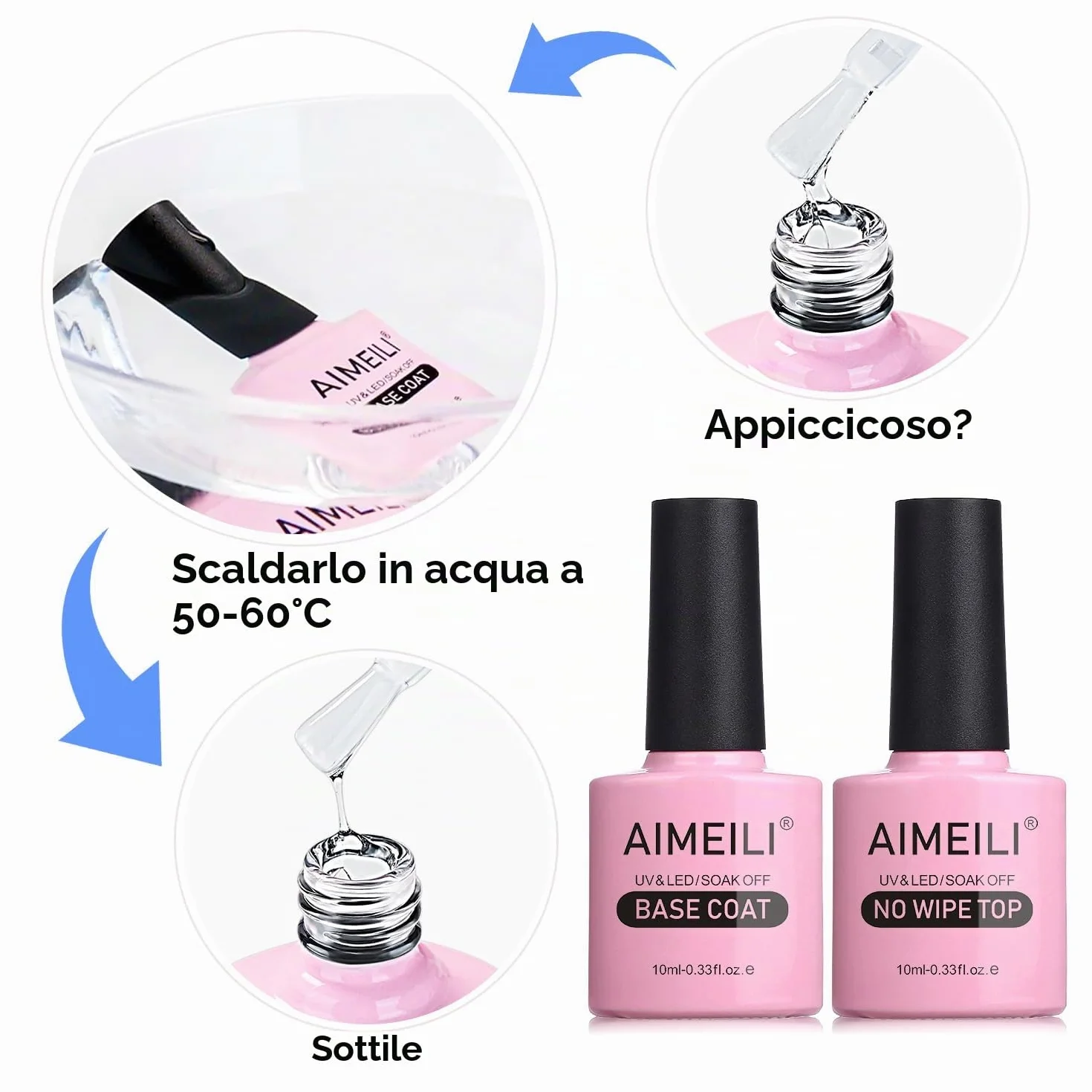 AIMEILI Base e Top Coat Semipermanente Smalto per Unghie in Gel UV LED Soak Off Kit Senza HEMA 10ml