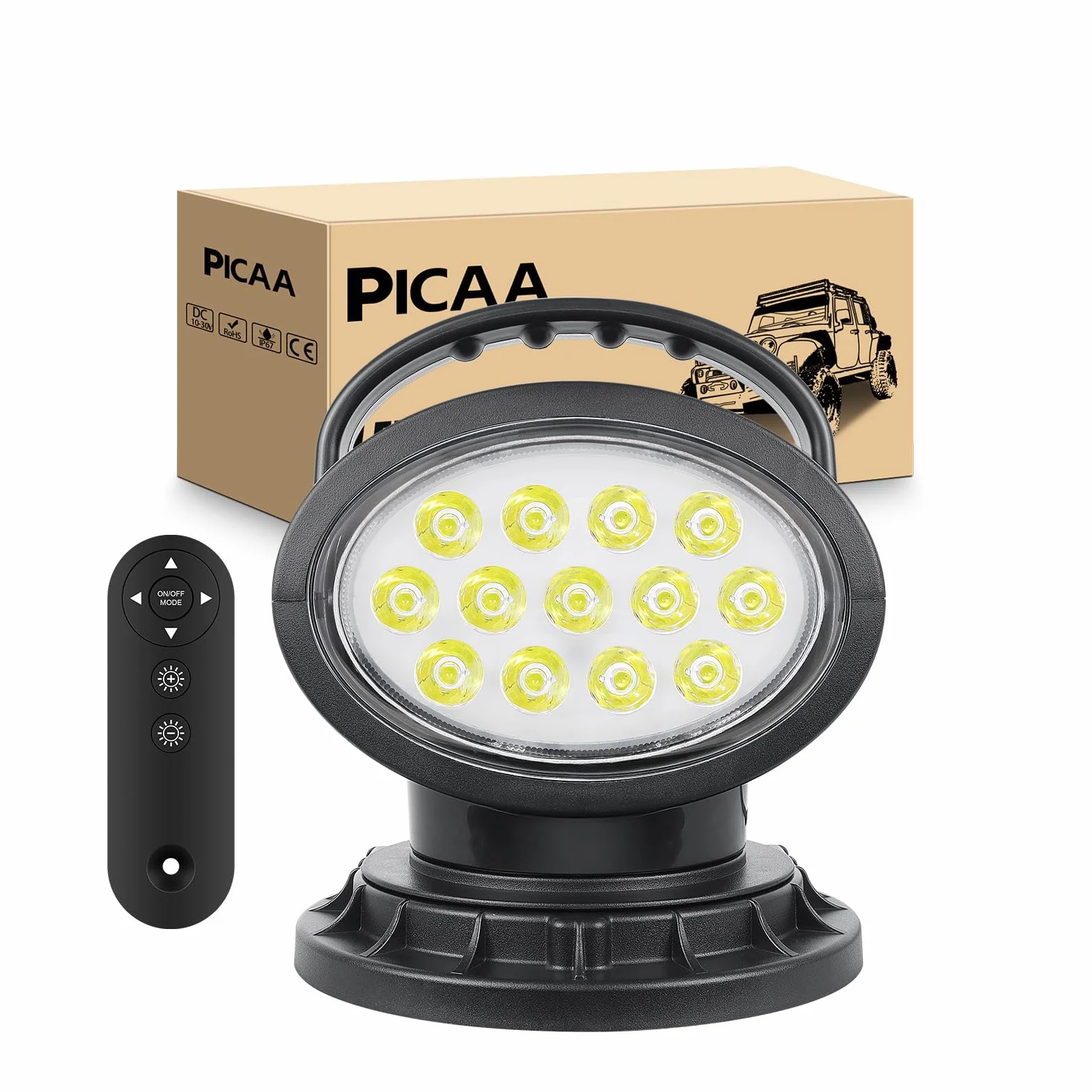 PICAA Emergenza Faro da ricerca Led luce da lavoro 38W, Base magnetica portatile, Rotazione a 360°, Lampada a led con telecomando 12V 24V