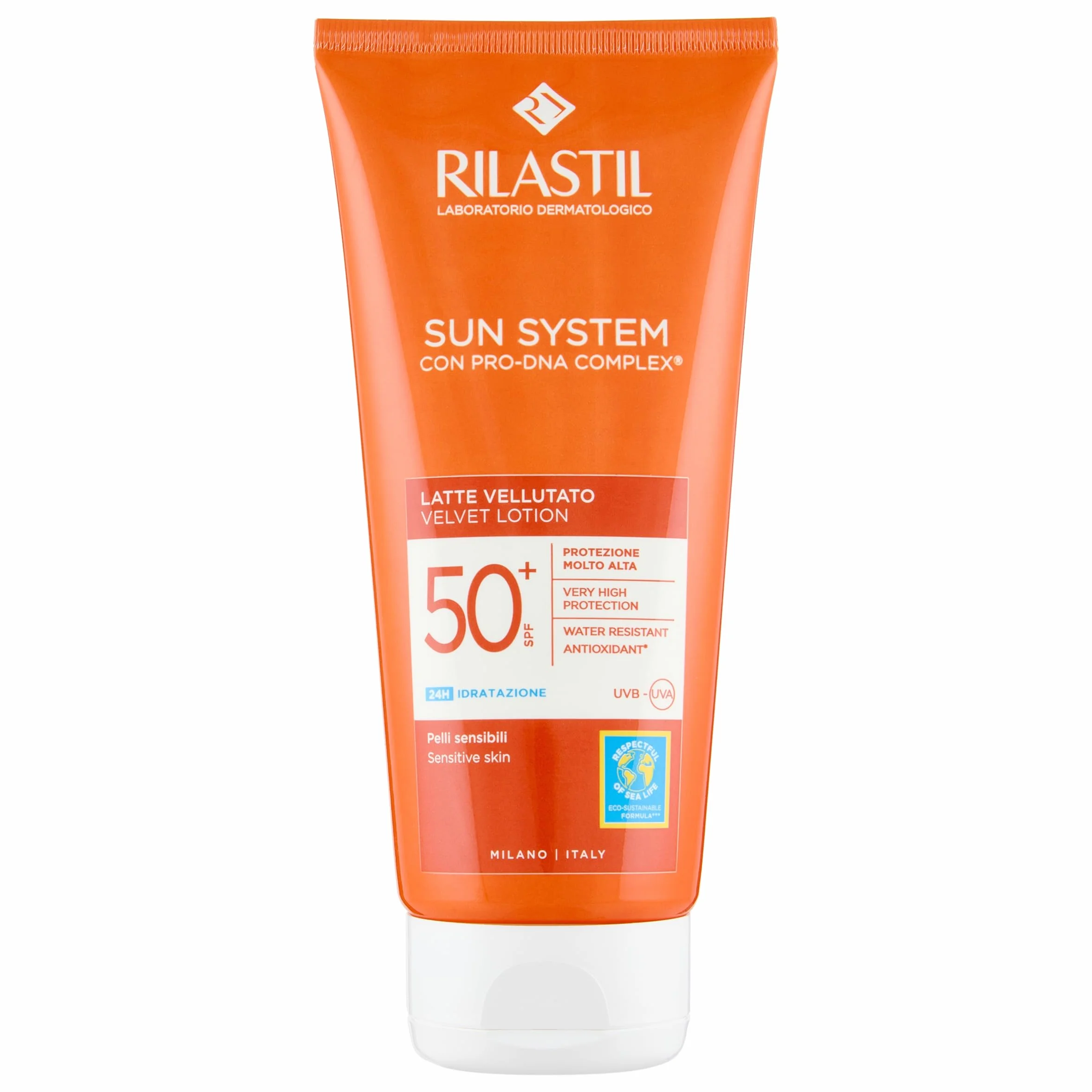 Rilastil Sun System Latte Vellutato, Emulsione Fluida dalla Texture Vellutata per Pelli Sensibili, Resistente all'Acqua, SPF 50+, 200ml