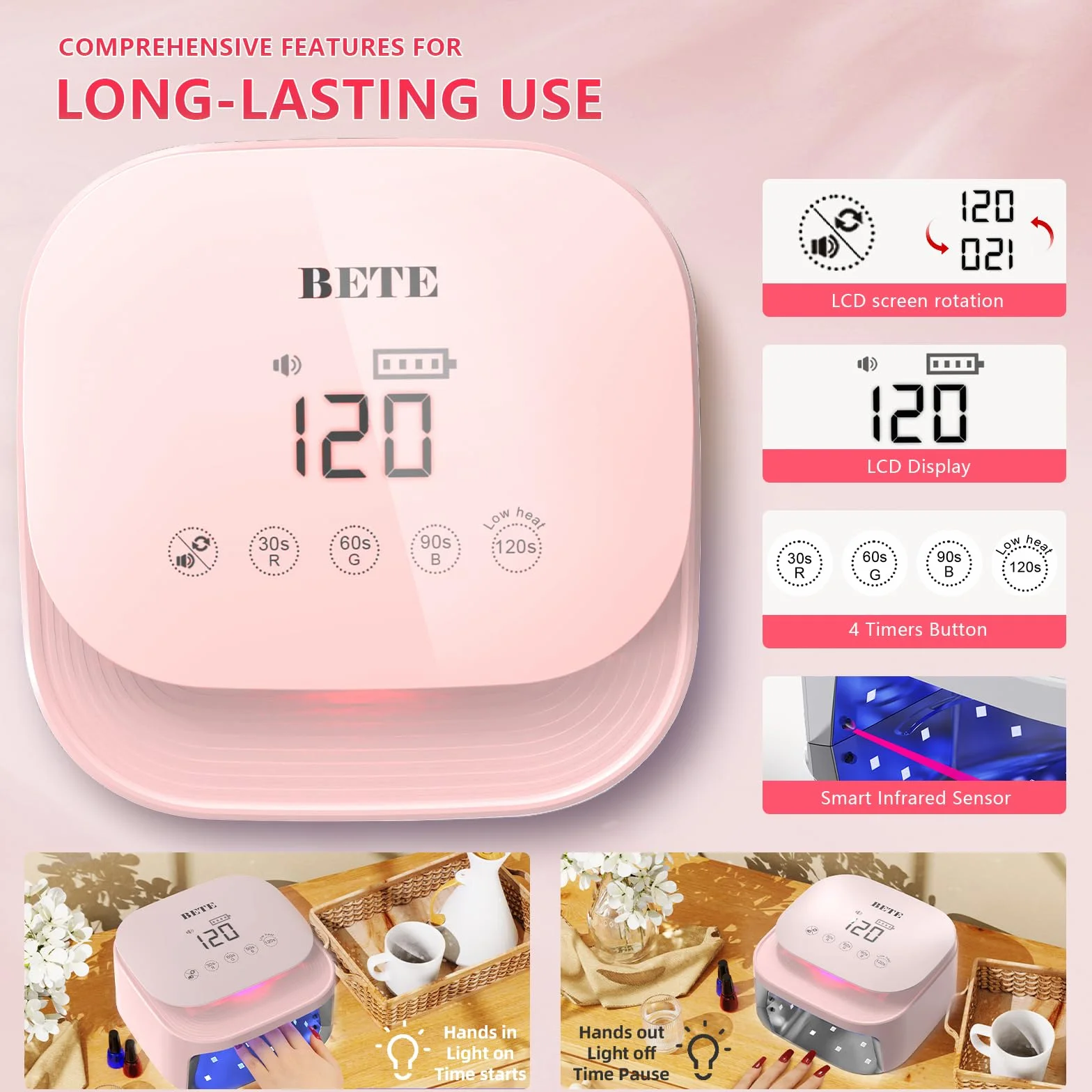 Lampade UV LED wireless BETE 60W - Asciugatore per smalto gel ricaricabile con sensore automatico, 30 perle e 4 regolazioni del timer portatile per uso domestico/salon Rosa