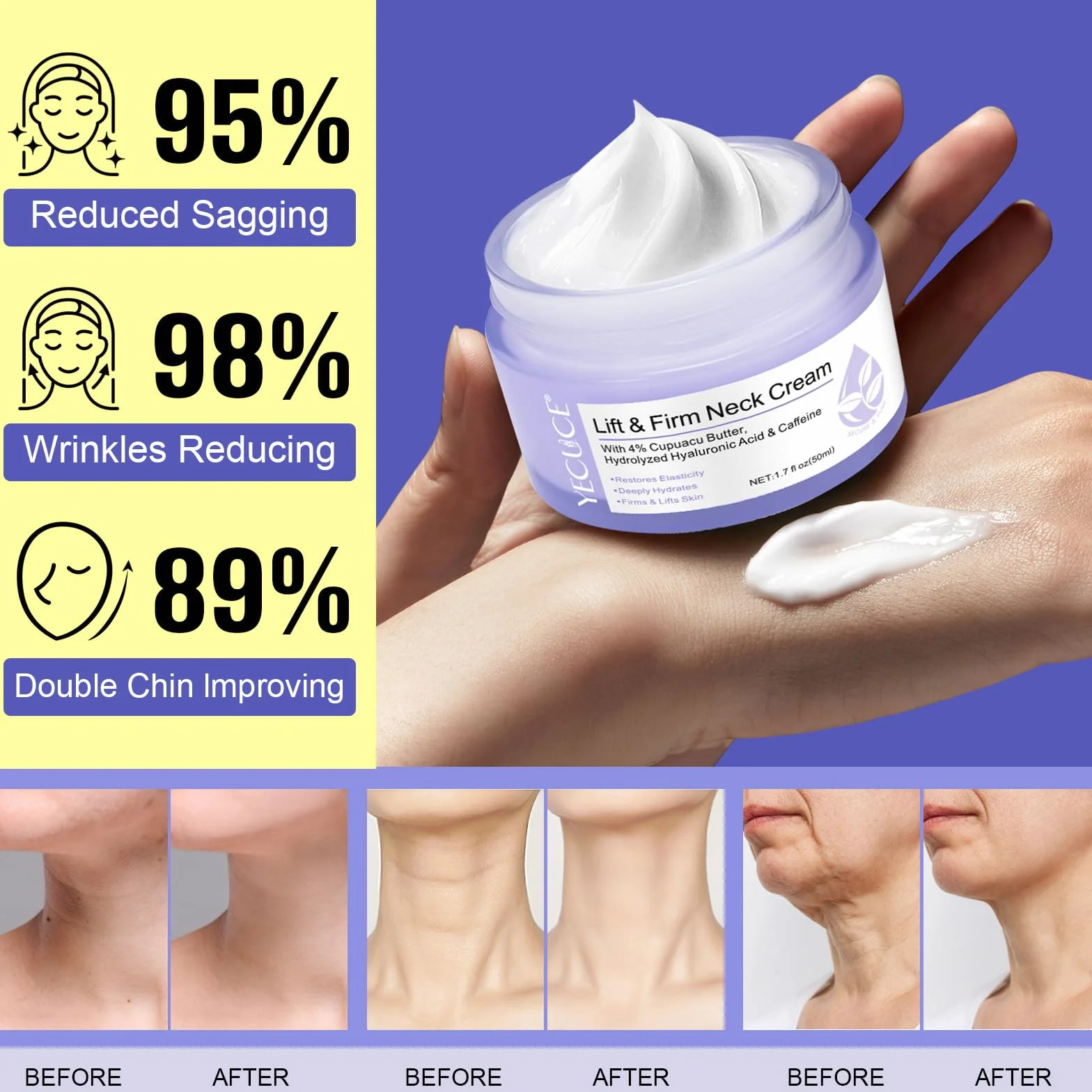 Crema Rassodante per il Collo, Crema per il Collo Con Complesso Rassodante Riparatore Proattivo, Crema per il Doppio Mento, Crema Collo e Décolleté Lifting, Idratante, Anti-invecchiamento, 50ml