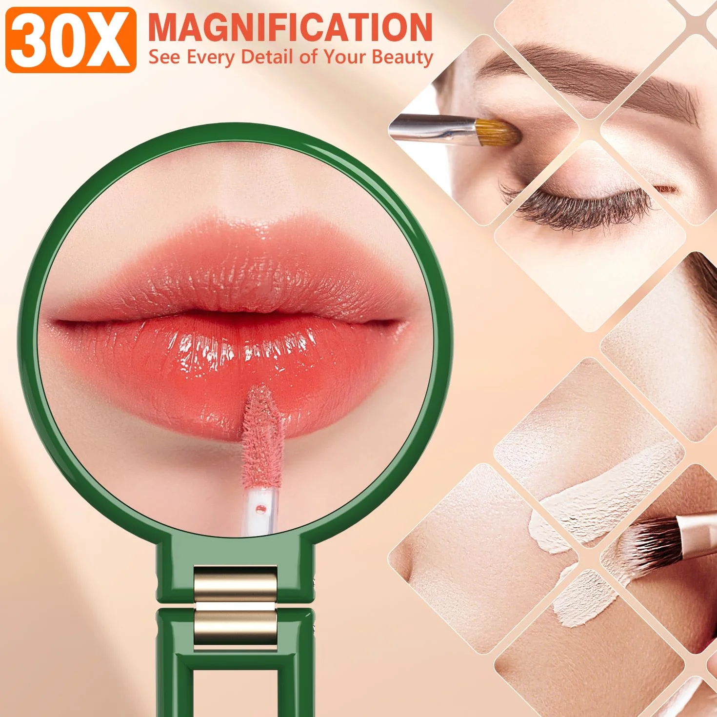 Auxmir Specchio Ingranditore Bifacciale 30X/1X, Specchio a Mano 14CM, Alta Definizione, Portatile, Pieghevole, Appendibile, Specchio Trucco da Viaggio per Trucco, Cura del Viso, Verde